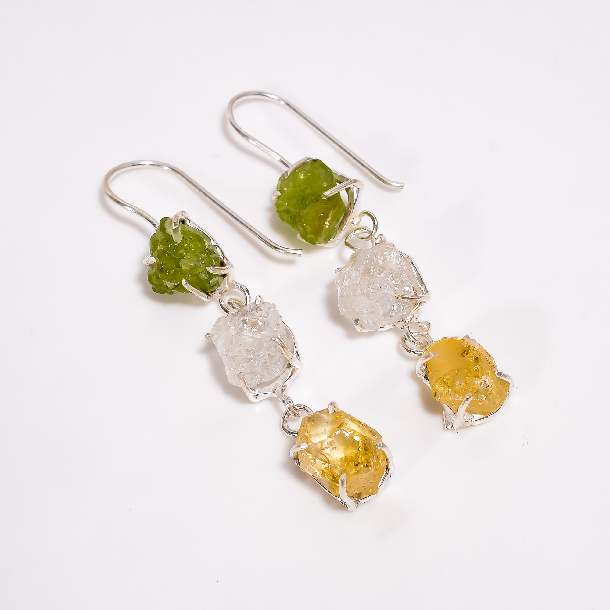 Amethyst Sky Apatite Raw Gemstone 925 Sterling Silver Three Stone Earrings