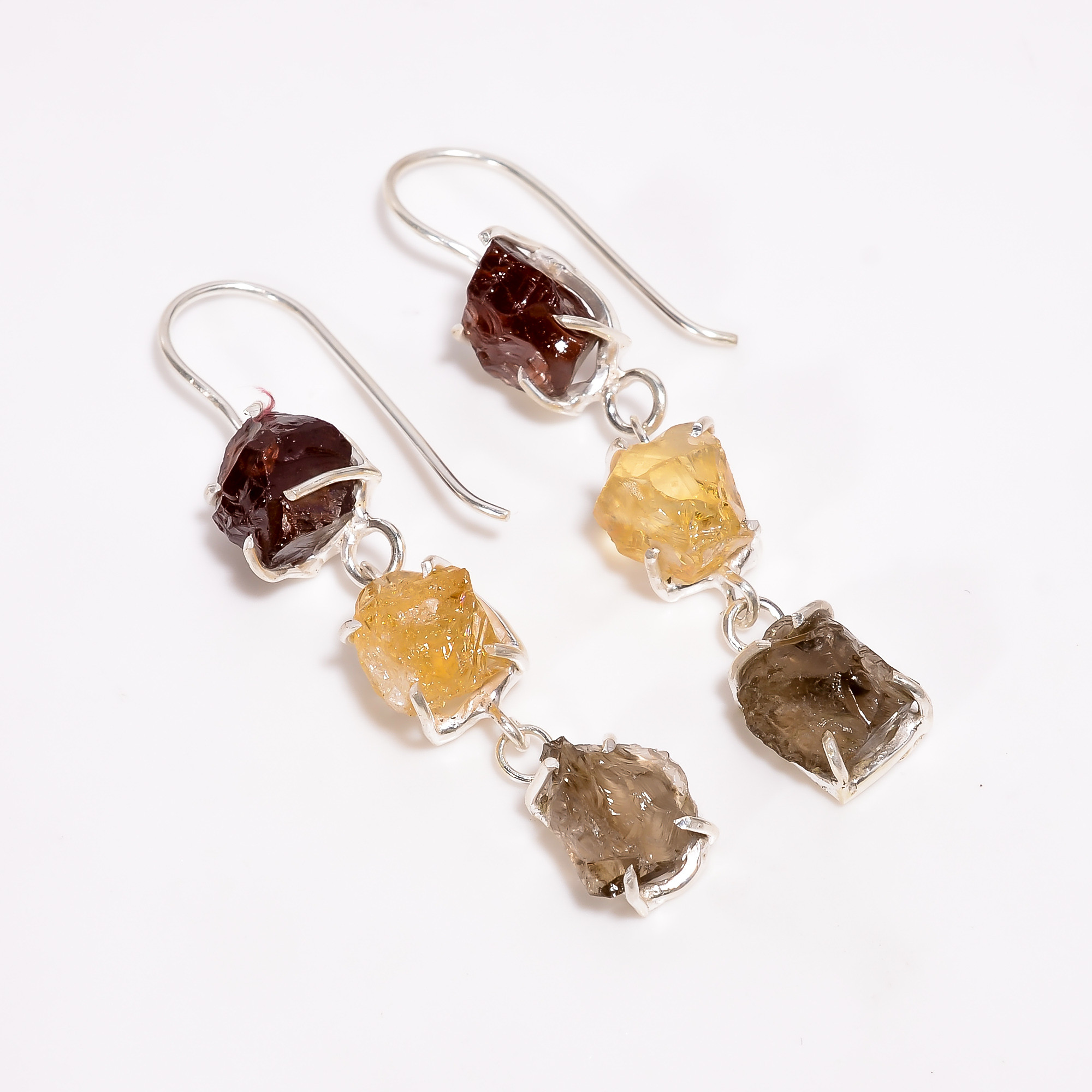 Amethyst Sky Apatite Raw Gemstone 925 Sterling Silver Three Stone Earrings