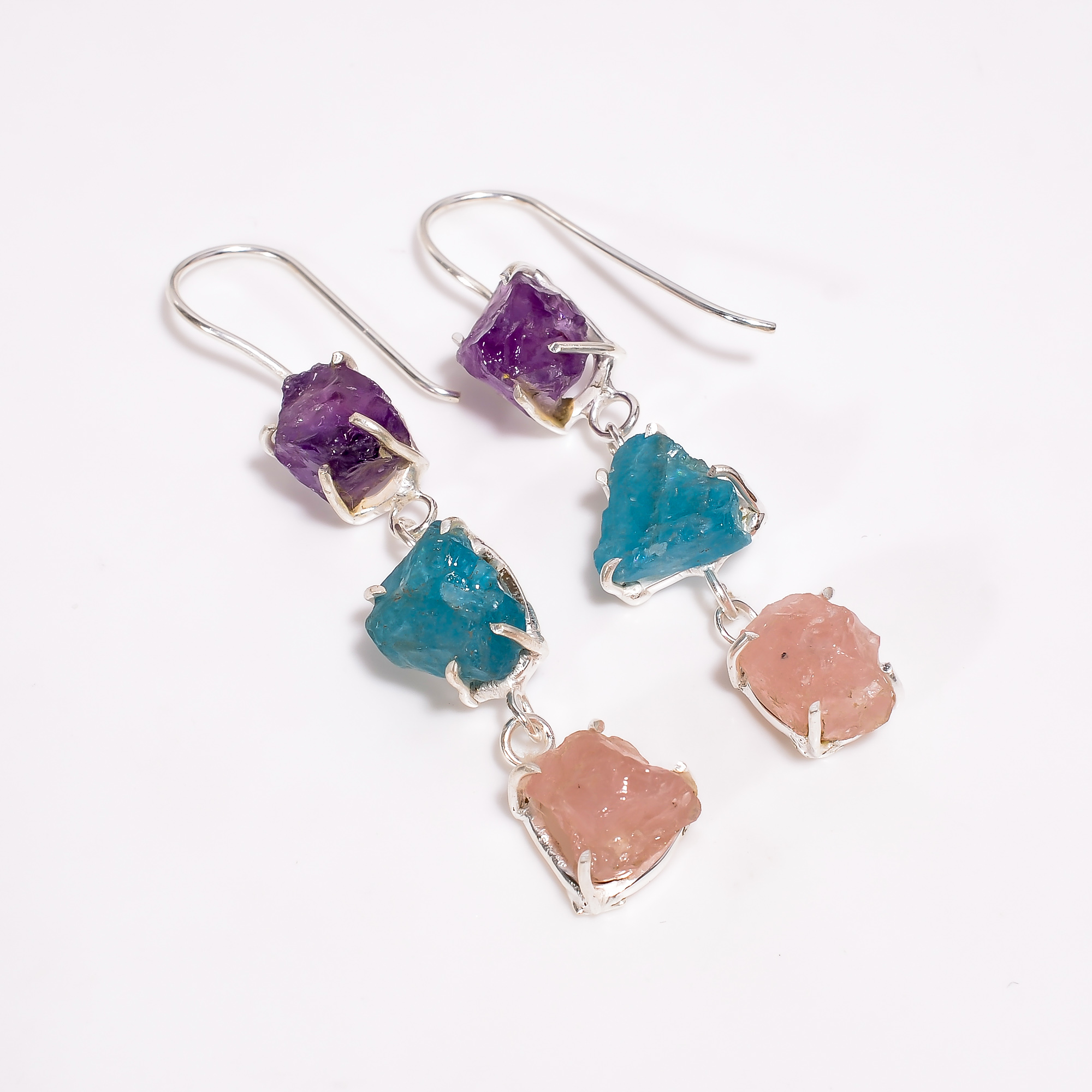 Amethyst Sky Apatite Raw Gemstone 925 Sterling Silver Three Stone Earrings