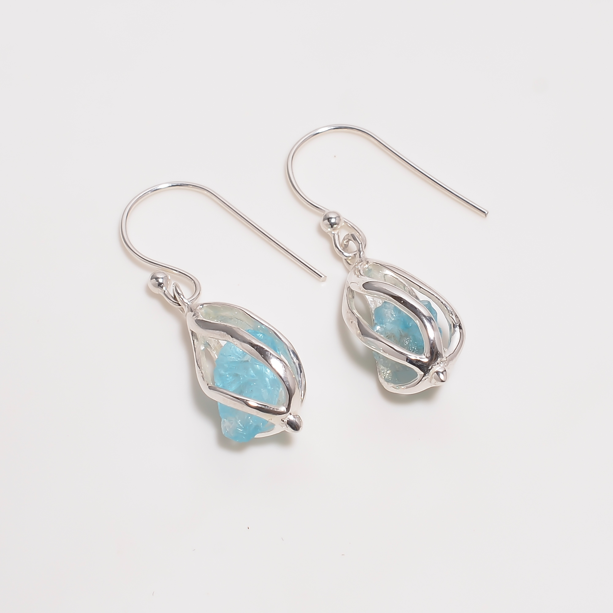 Sky Apatite Raw Gemstone 925 Sterling Silver Cage Earrings