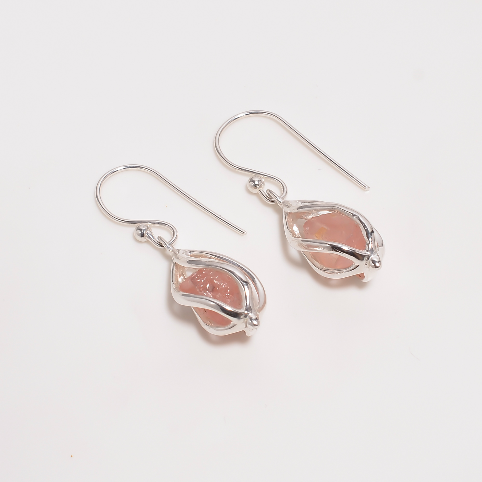 Morganite Raw Gemstone 925 Sterling Silver Cage Earrings