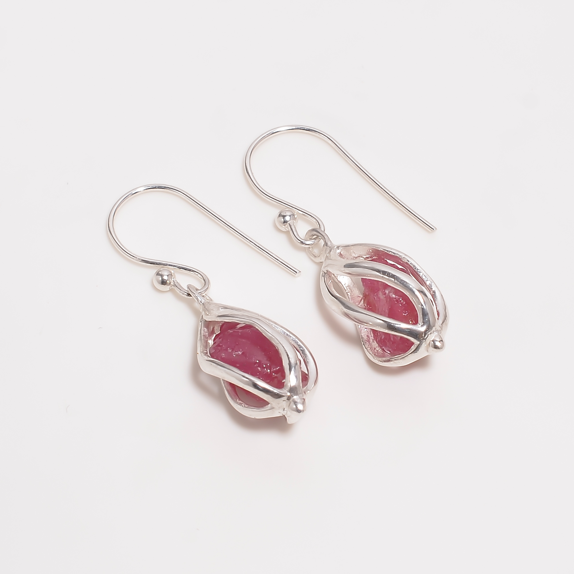Ruby Raw Gemstone 925 Sterling Silver Cage Earrings