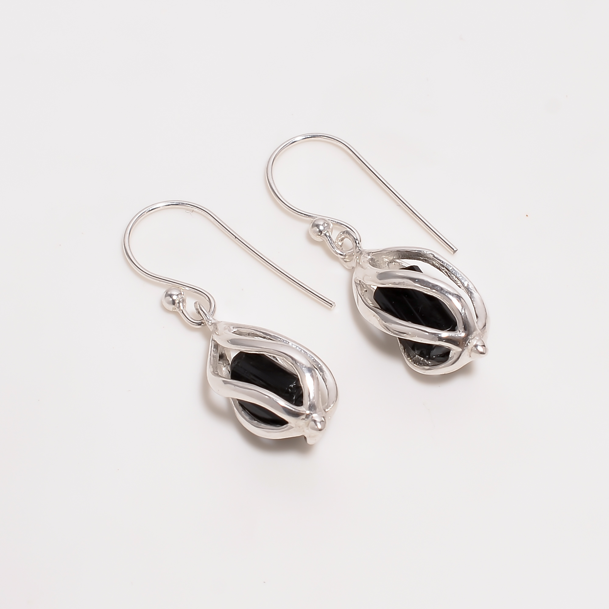 Black Tourmaline Raw Gemstone 925 Sterling Silver Cage Earrings
