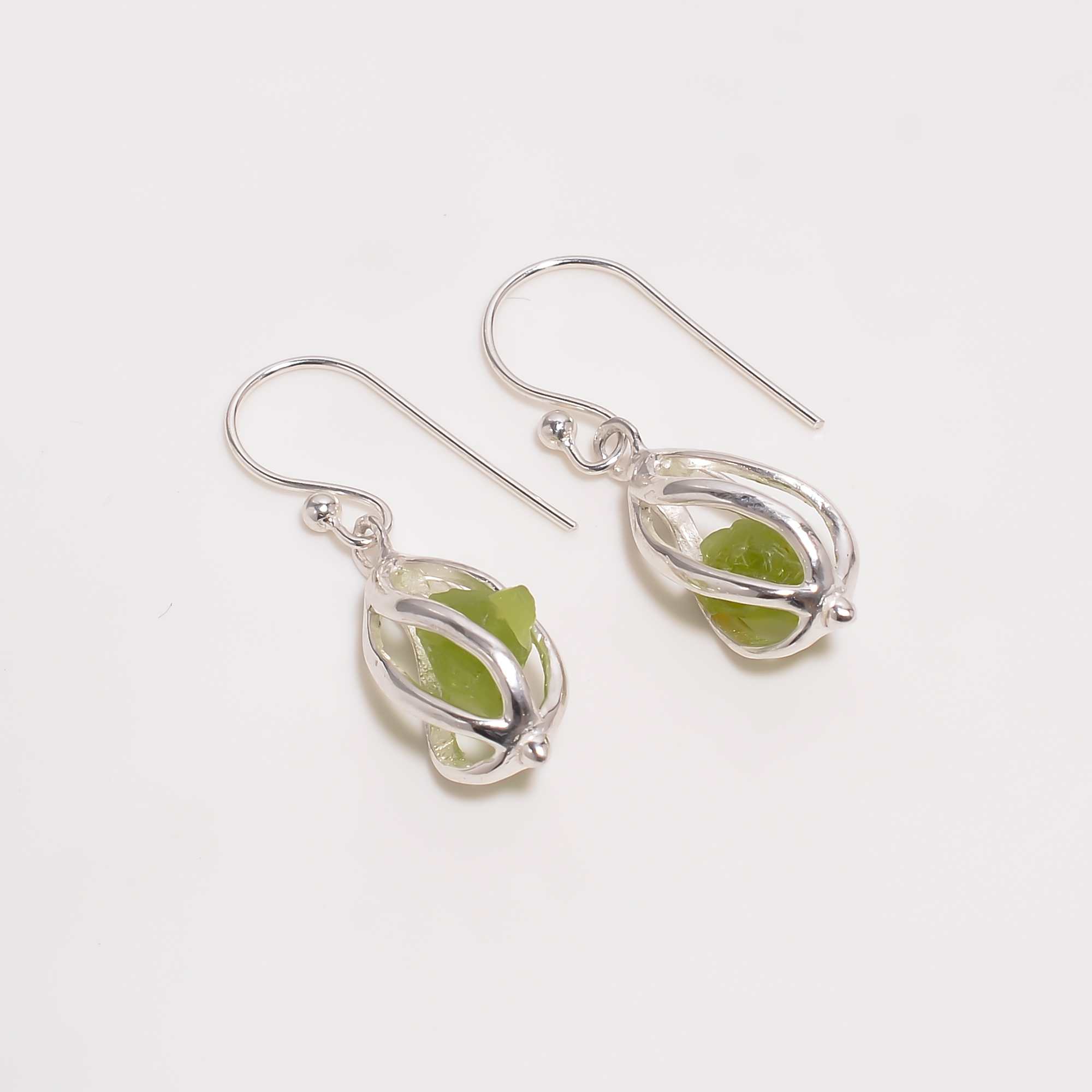 Peridot Raw Gemstone 925 Sterling Silver Cage Earrings