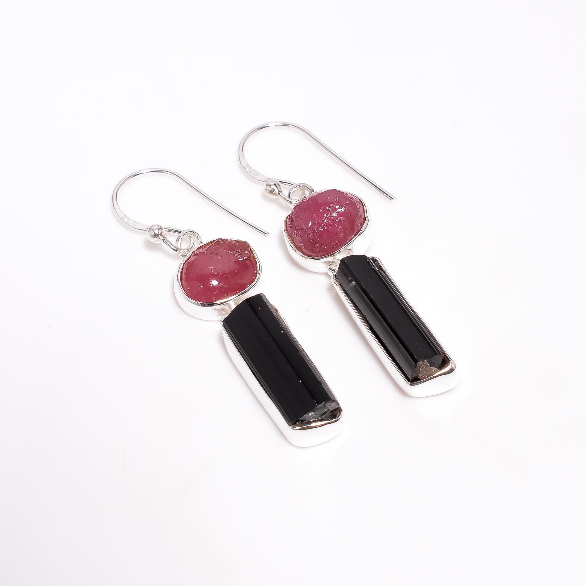 Ruby Black Tourmaline Raw Gemstone 925 Sterling Silver Earrings