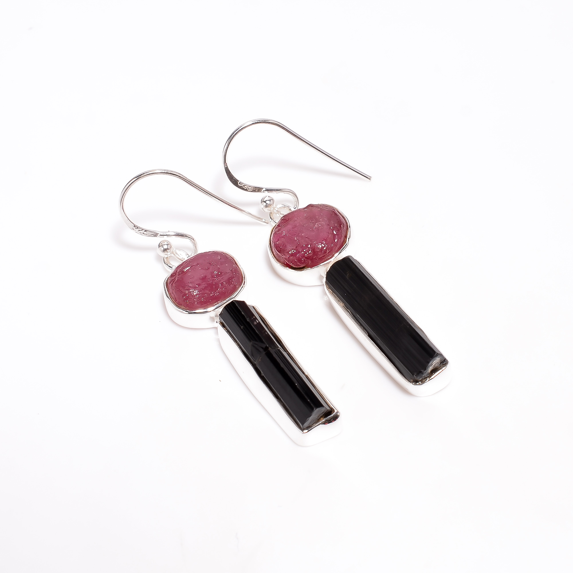 Ruby Black Tourmaline Raw Gemstone 925 Sterling Silver Earrings
