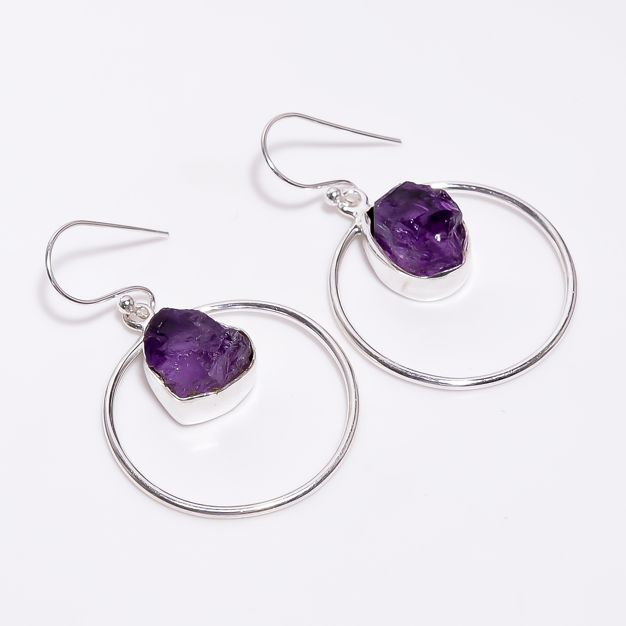 925 Sterling Silver Dangle Earrings Natural Raw Amethyst Gemstone