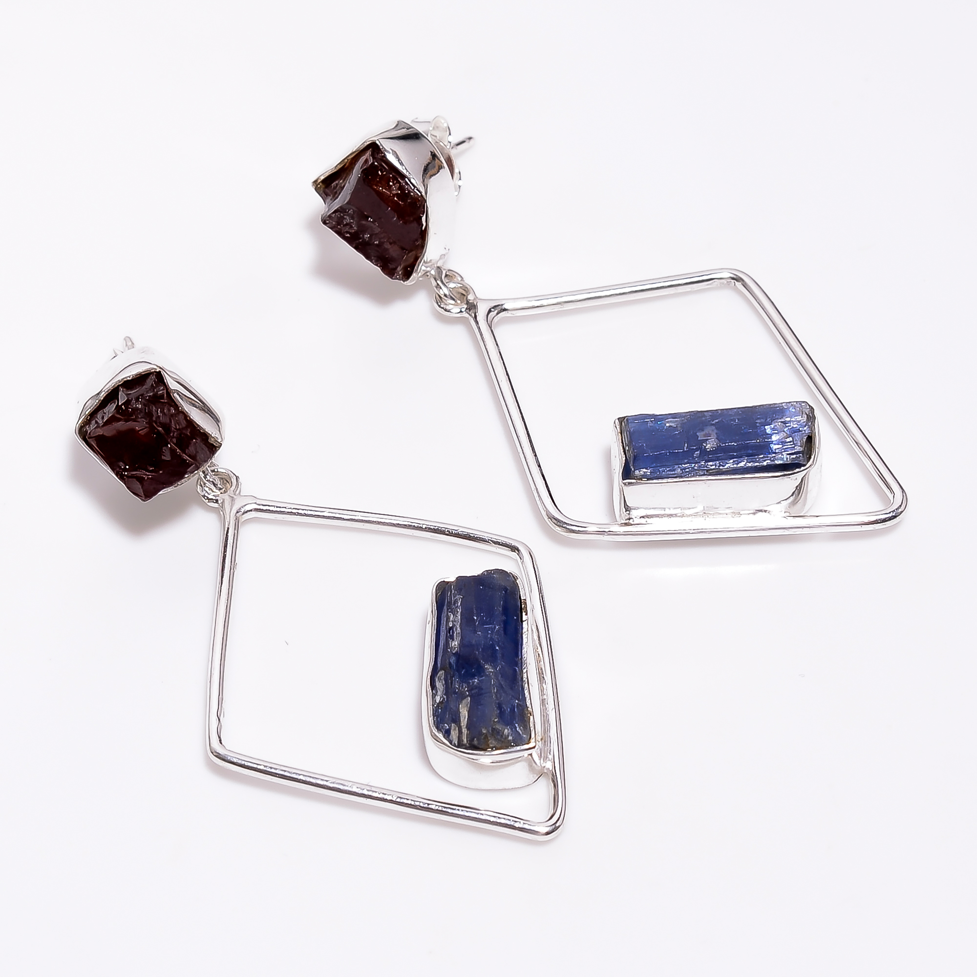 Natural Garnet Blue Kyanite Raw Gemstone 925 Sterling Silver Earrings