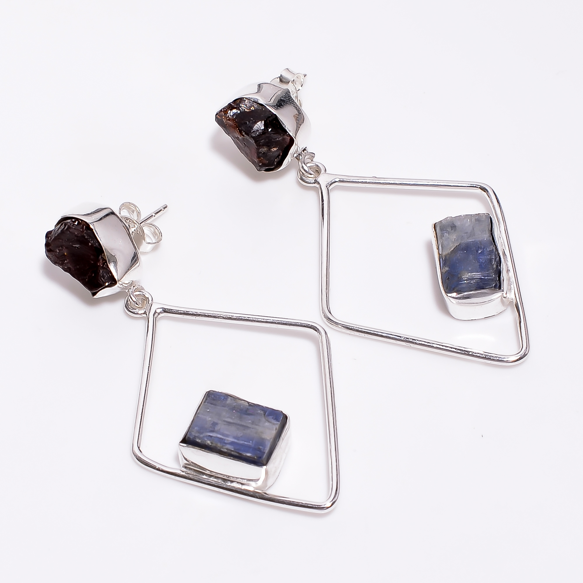 Natural Garnet Blue Kyanite Raw Gemstone 925 Sterling Silver Earrings
