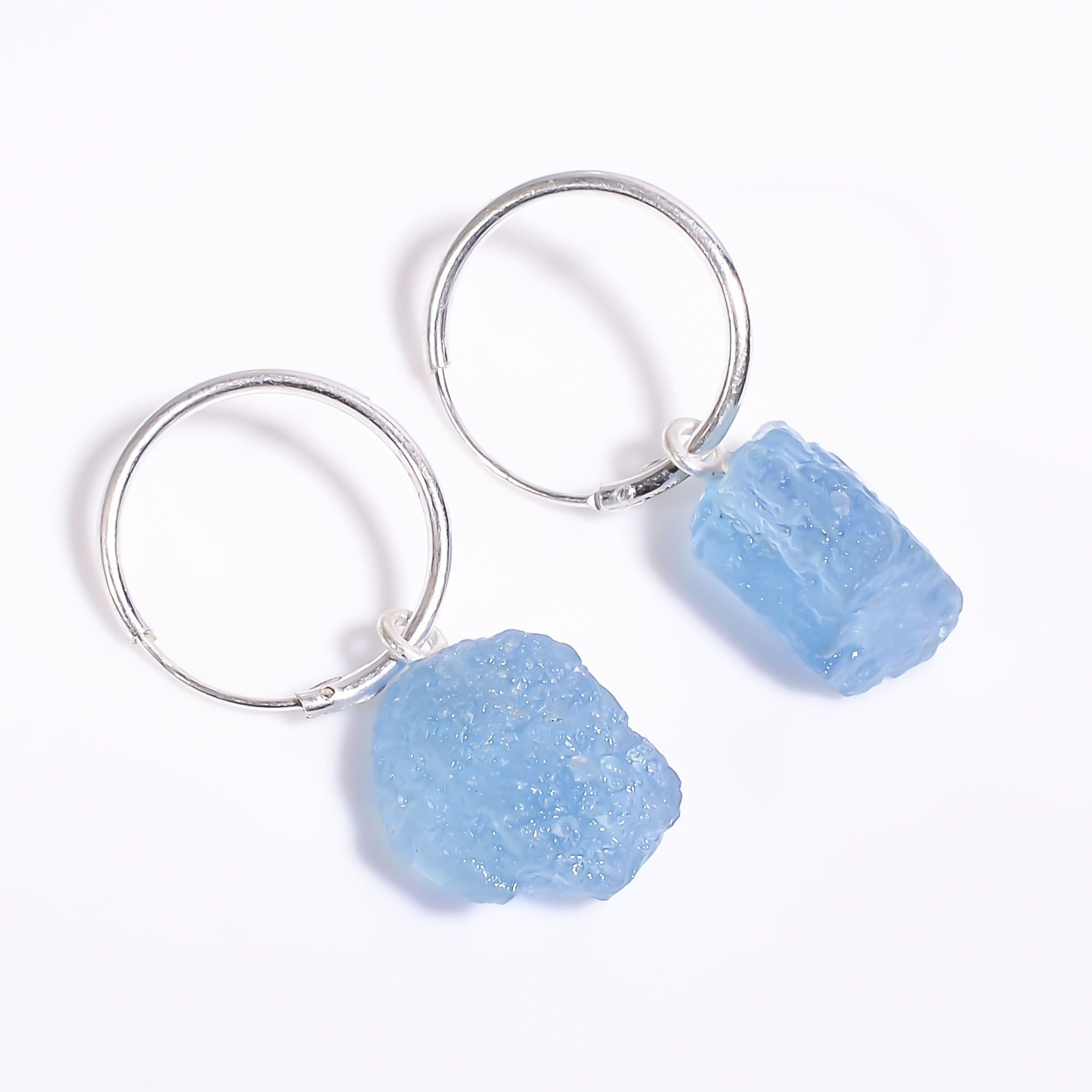 Natural Aquamarine Raw Gemstone 925 Sterling Silver Hoop Earrings