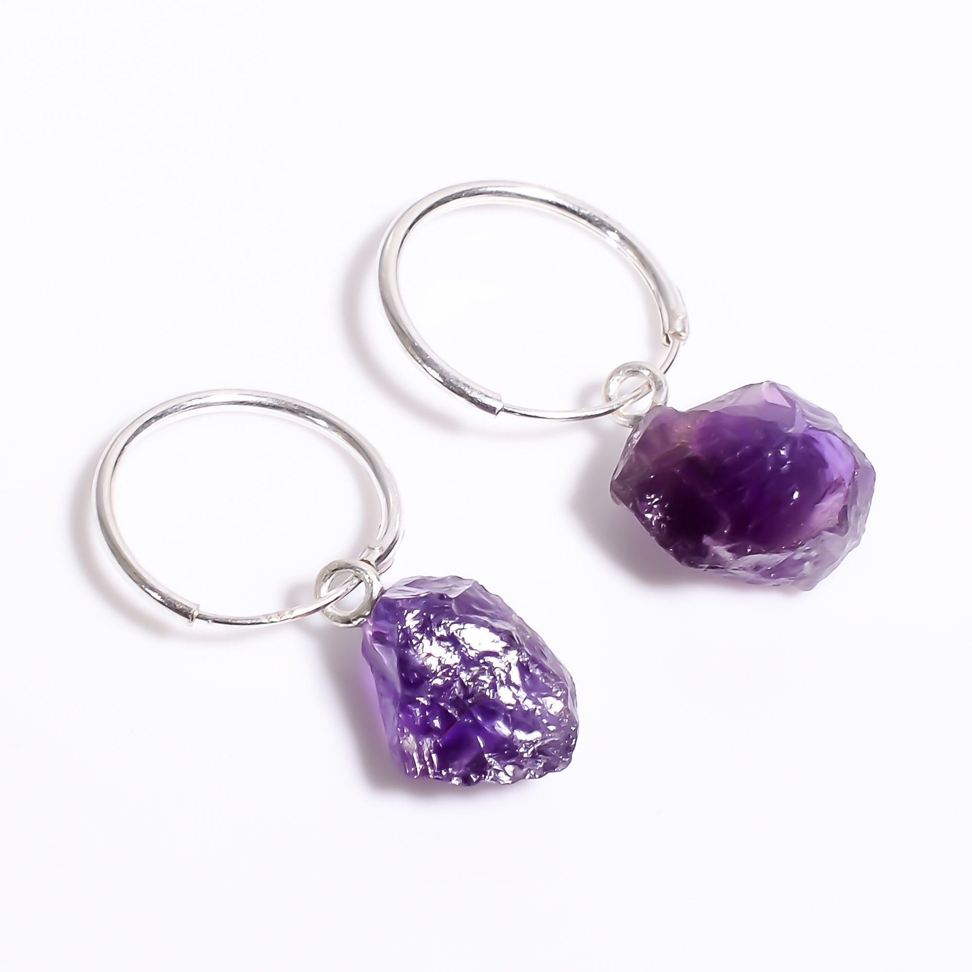 Natural Amethyst Raw Gemstone 925 Sterling Silver Hoop Earrings
