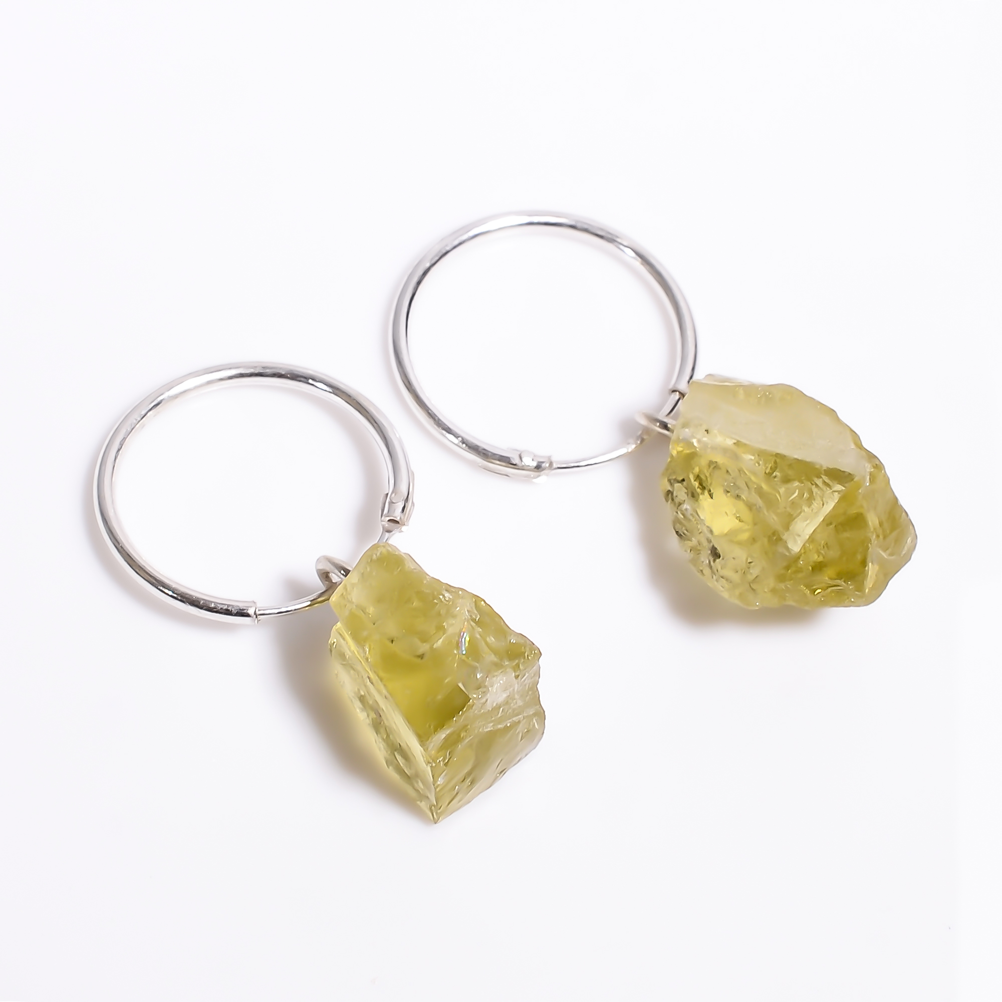 Natural Lemon Quartz Raw Gemstone 925 Sterling Silver Hoop Earrings