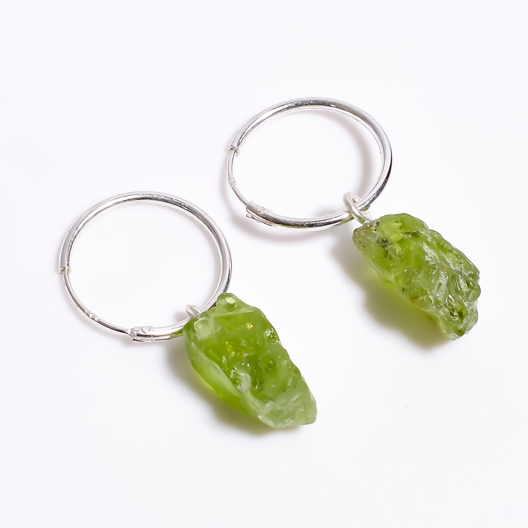 Natural Peridot Raw Gemstone 925 Sterling Silver Hoop Earrings