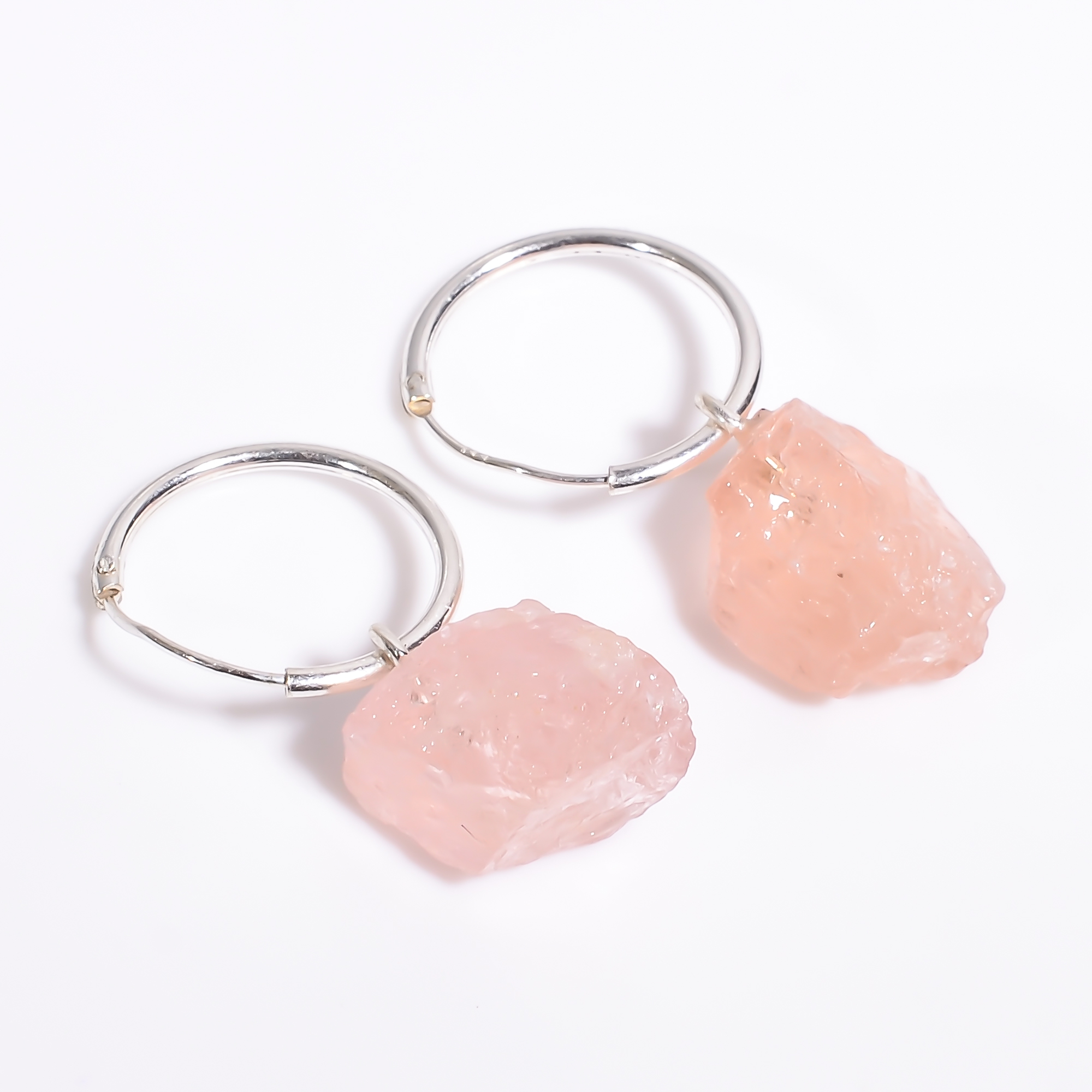 Natural Rose Quartz Raw Gemstone 925 Sterling Silver Hoop Earrings