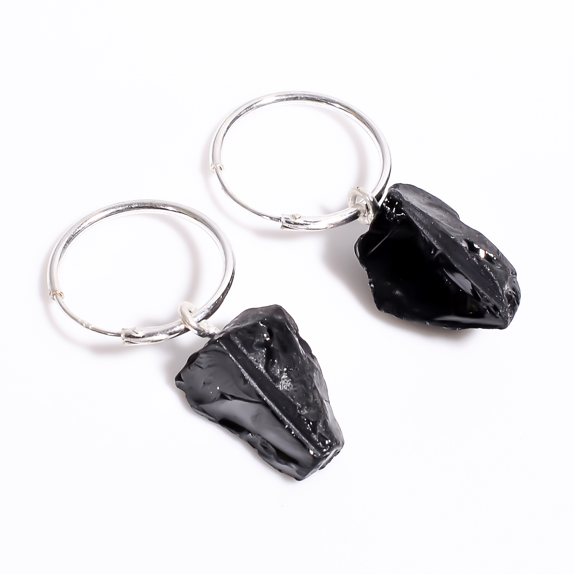 Natural Black Onyx Raw Gemstone 925 Sterling Silver Hoop Earrings