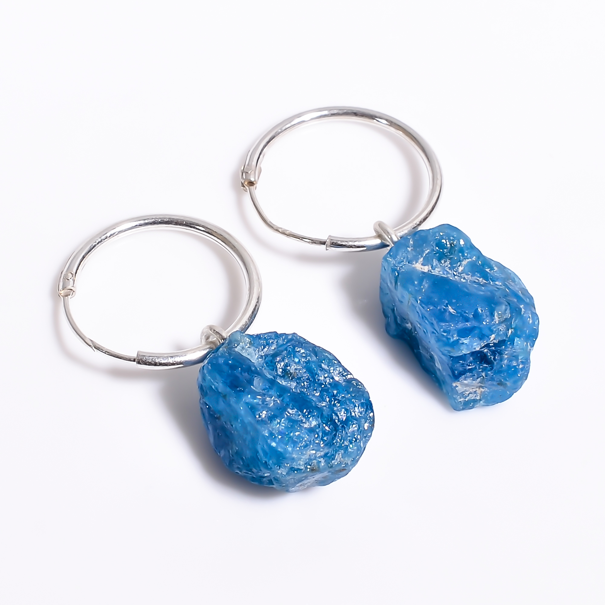 Natural Neon Apatite Raw Gemstone 925 Sterling Silver Hoop Earrings