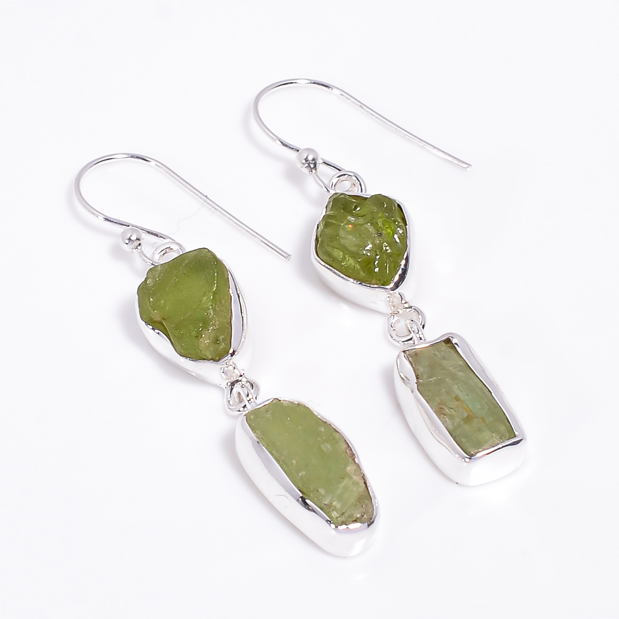 Natural Raw Peridot Green Kyanite Gemstone 925 Sterling Silver Dangle Earrings
