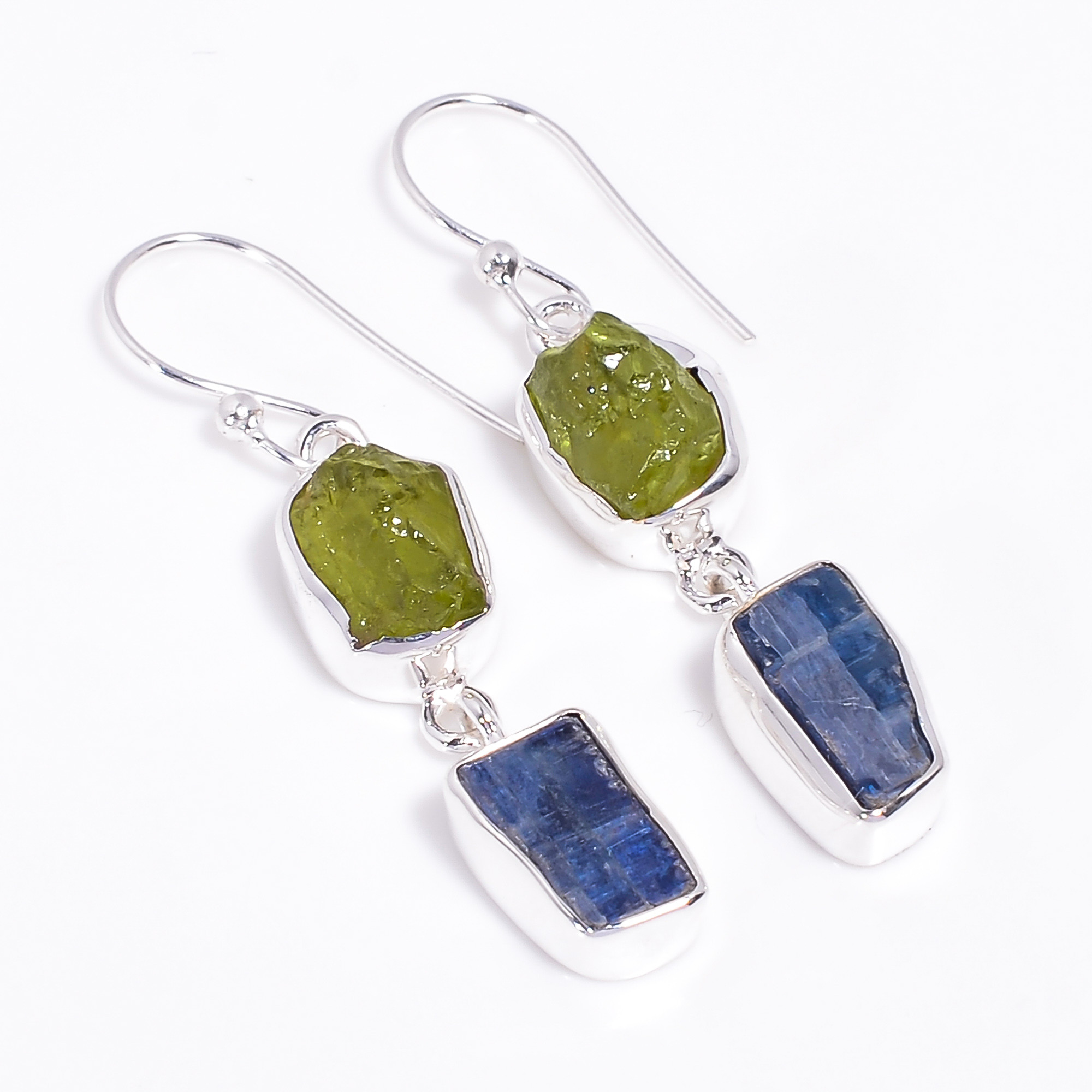 Natural Raw Peridot Green Kyanite Gemstone 925 Sterling Silver Dangle Earrings