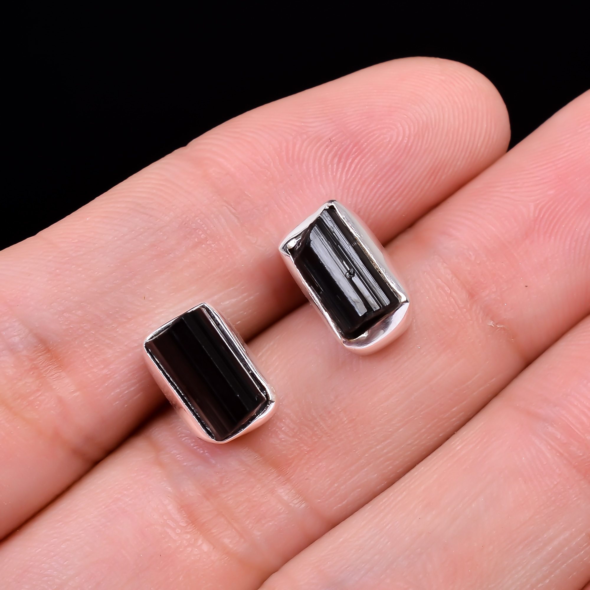 Black Tourmaline Raw Gemstone 925 Sterling Silver Stud Earrings