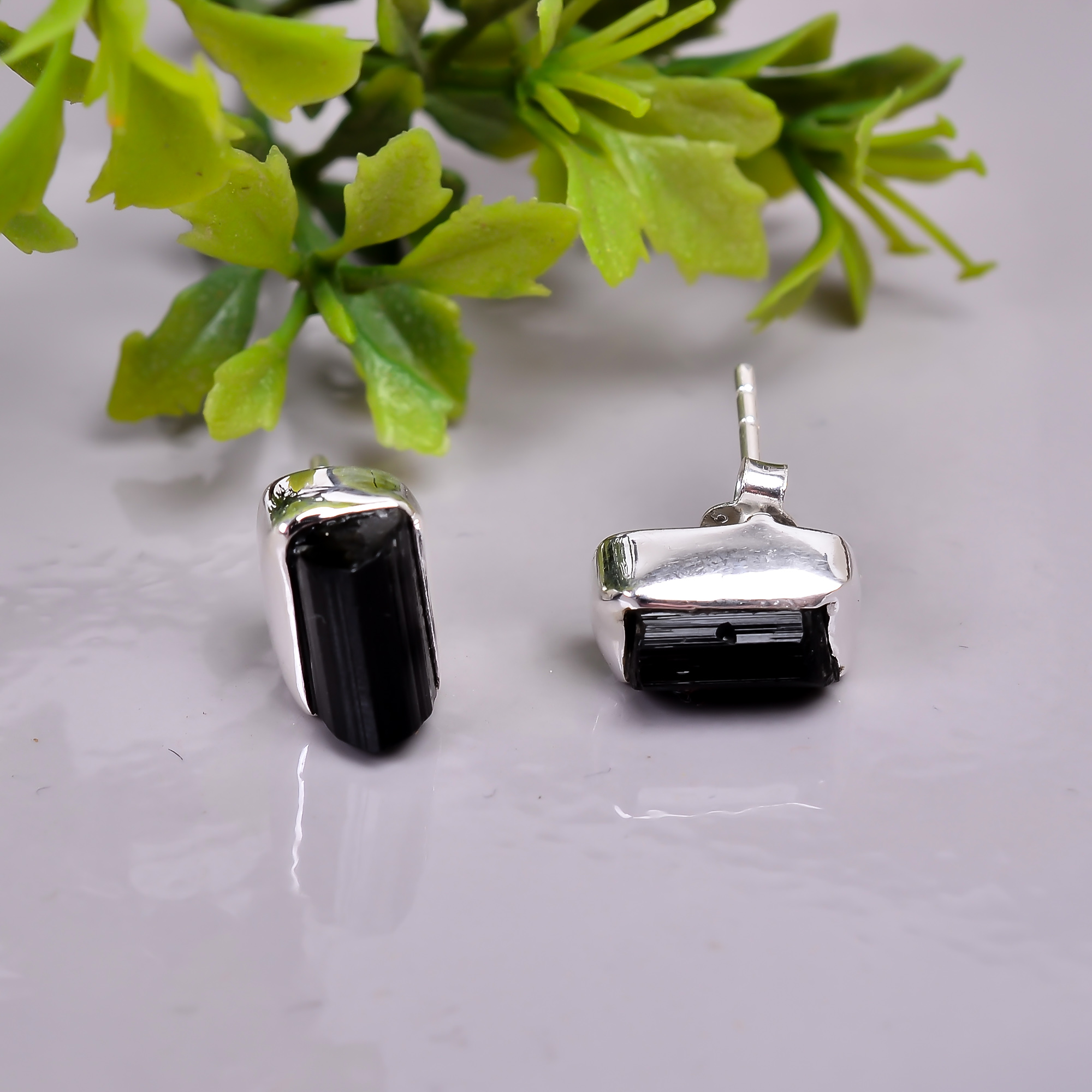Black Tourmaline Raw Gemstone 925 Sterling Silver Stud Earrings