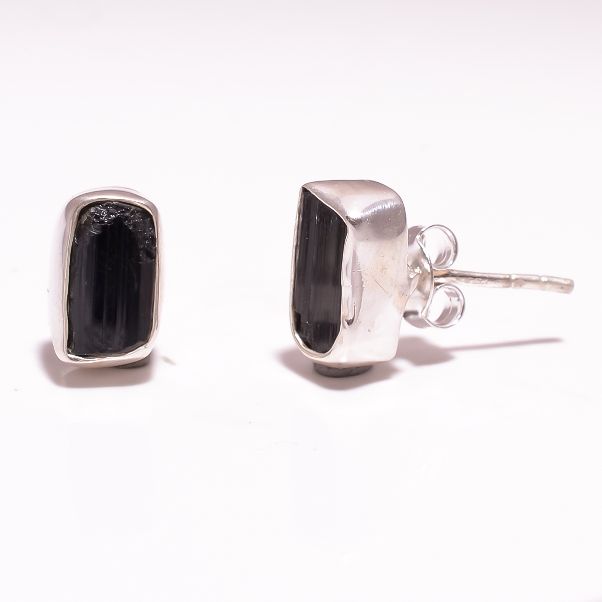Black Tourmaline Raw Gemstone 925 Sterling Silver Stud Earrings