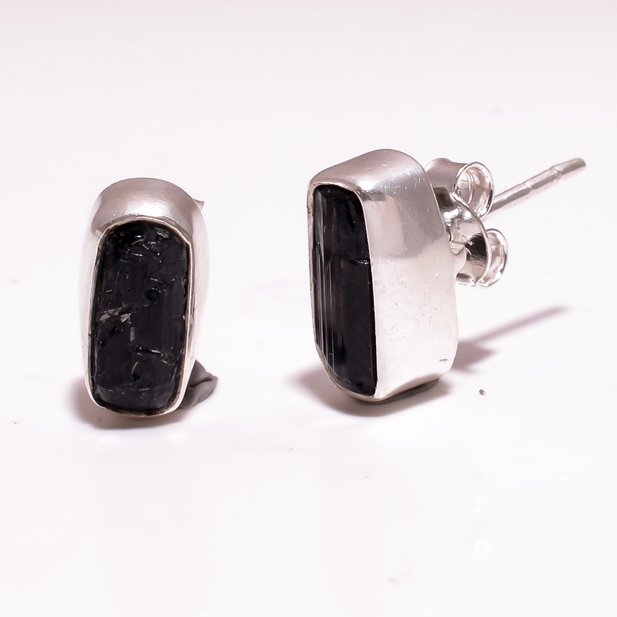 Black Tourmaline Raw Gemstone 925 Sterling Silver Stud Earrings