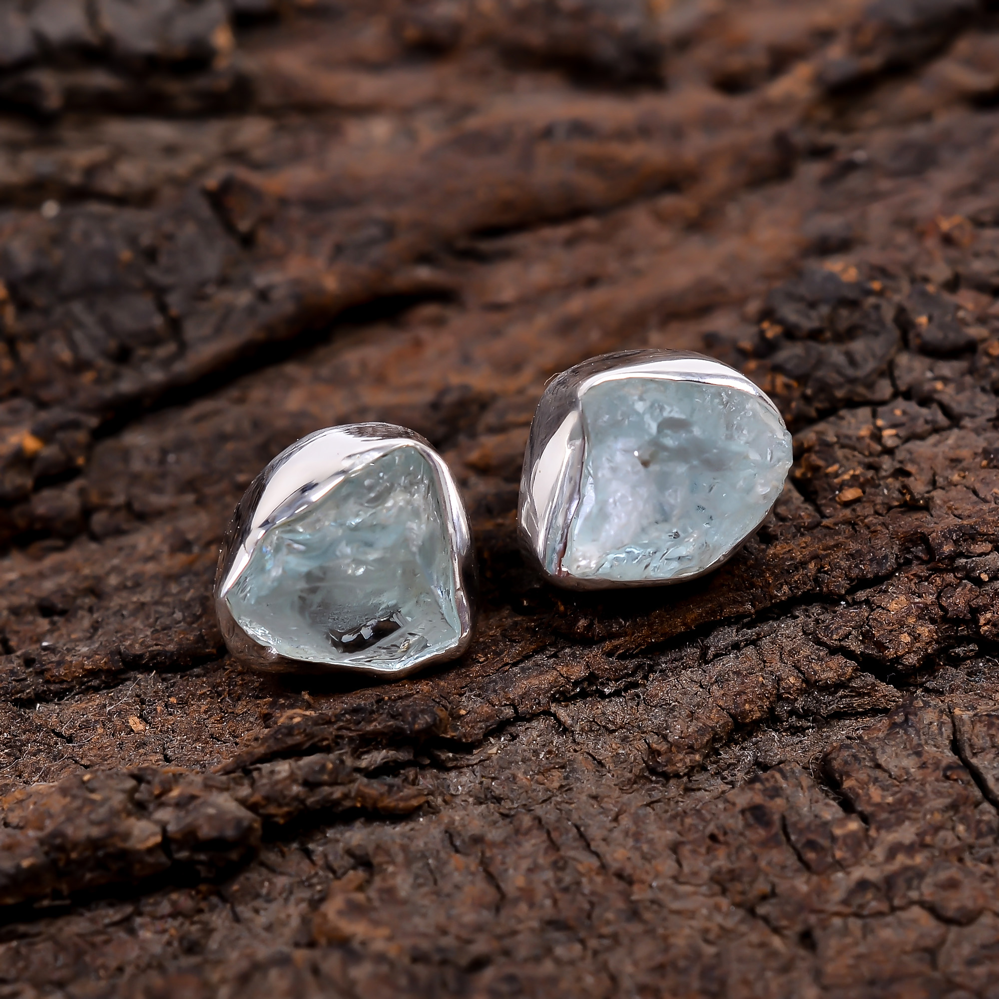 Raw Aquamarine Gemstone 925 Sterling Silver Stud Earrings