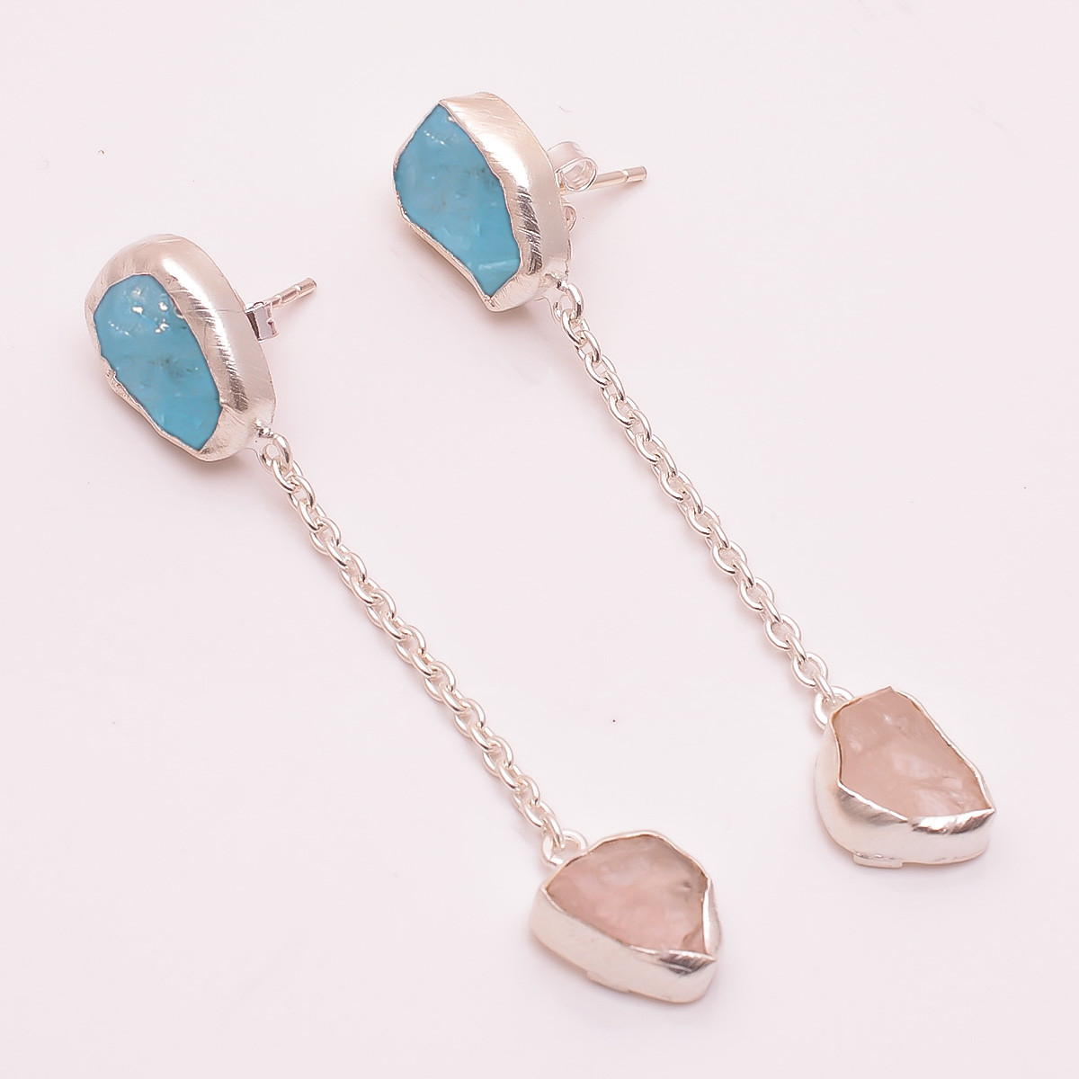 Natural Raw Sky Apatite Rose Quartz Gemstone 925 Sterling Silver Matte Finish Earrings