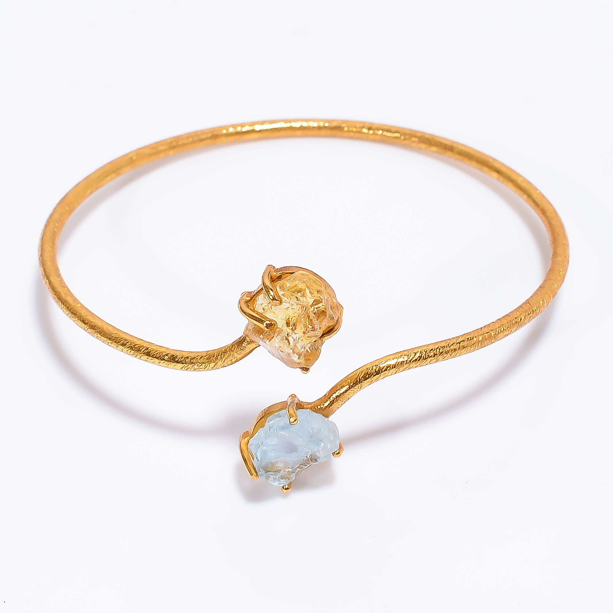 925 Sterling Silver Matte Finish Gold Plated Adjustable Bangle Natural Raw Aquamarine Citrine Gemstone