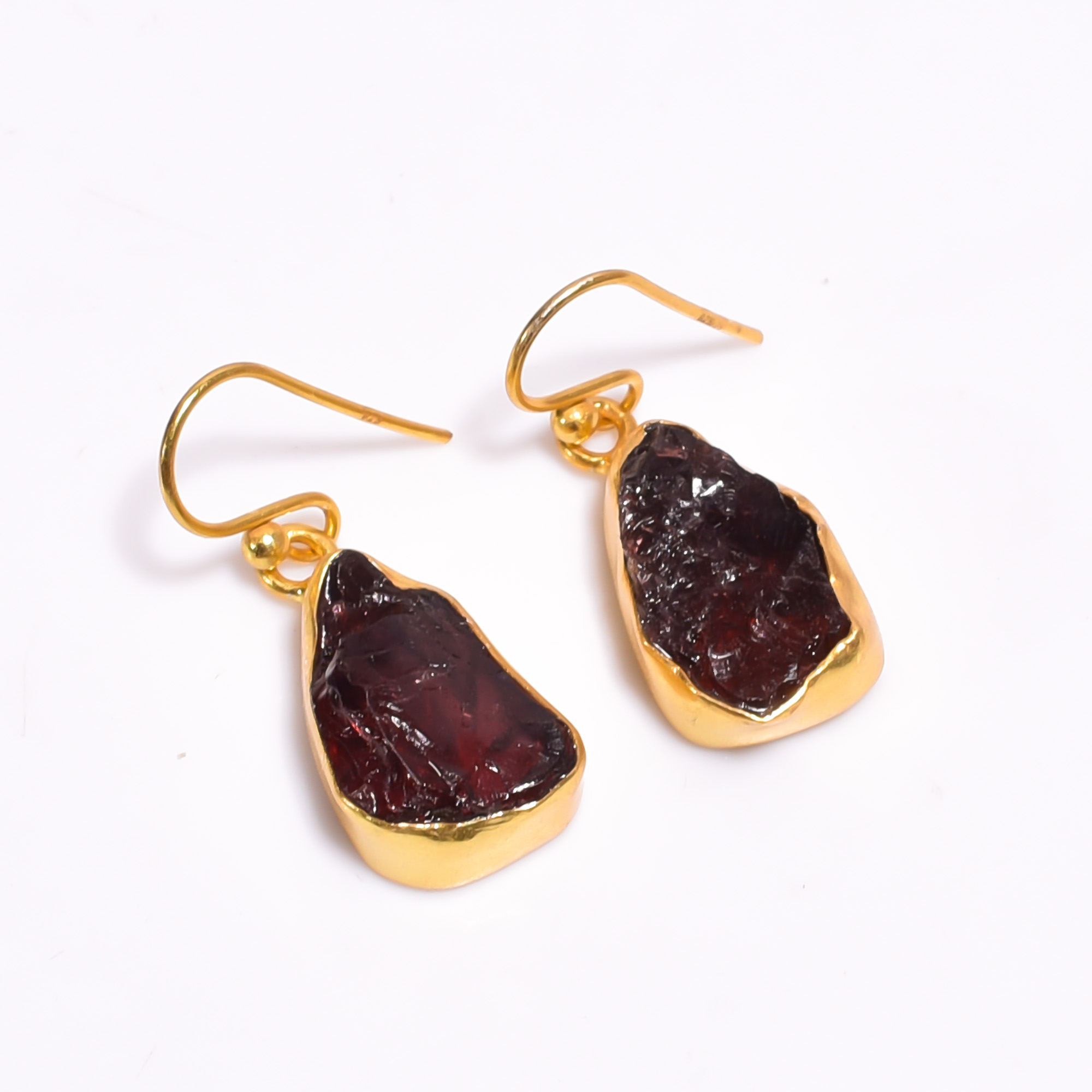 Garnet Raw Gemstone 925 Sterling Silver Gold Plated Earrings