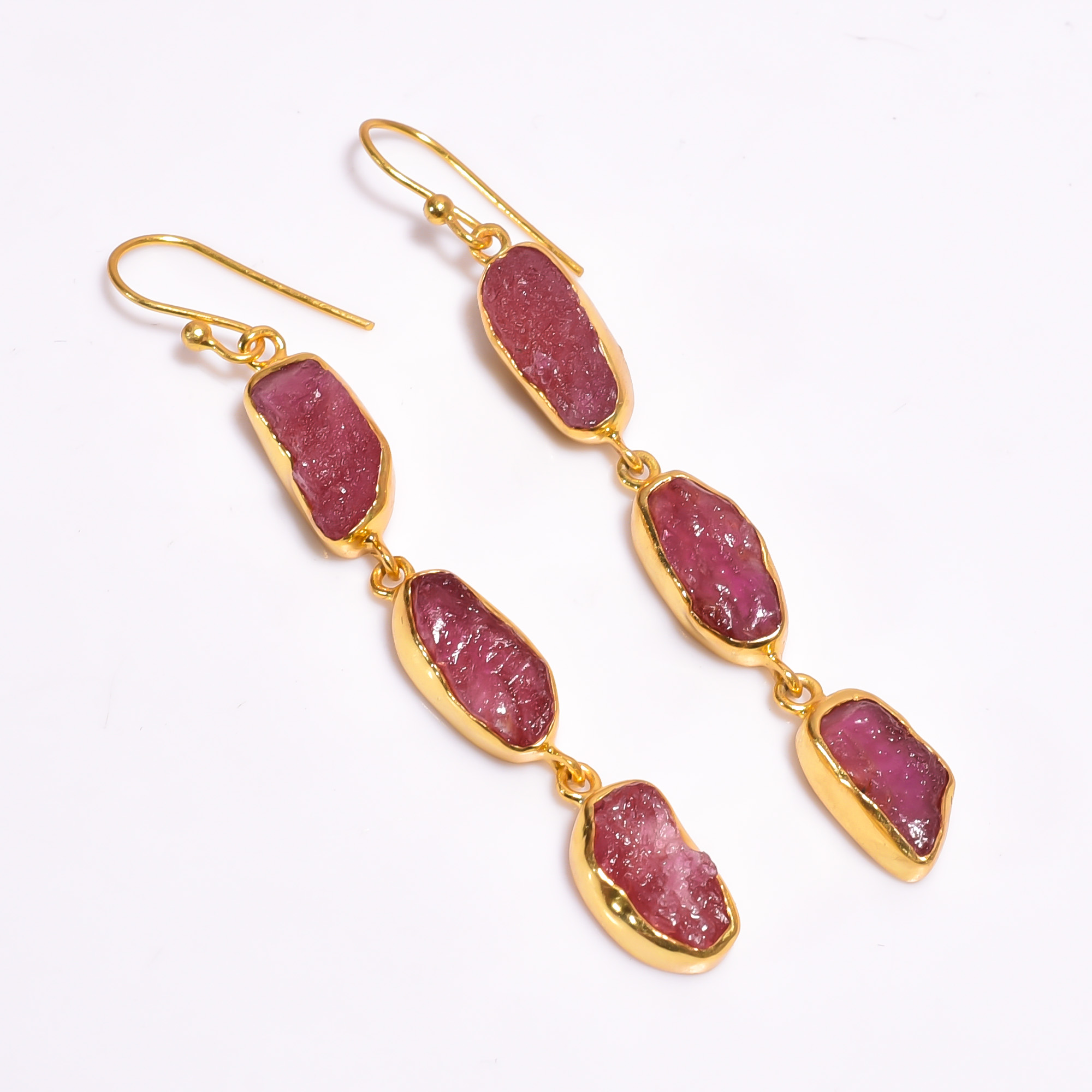Ruby Raw Gemstone 925 Sterling Silver Gold Plated Earrings