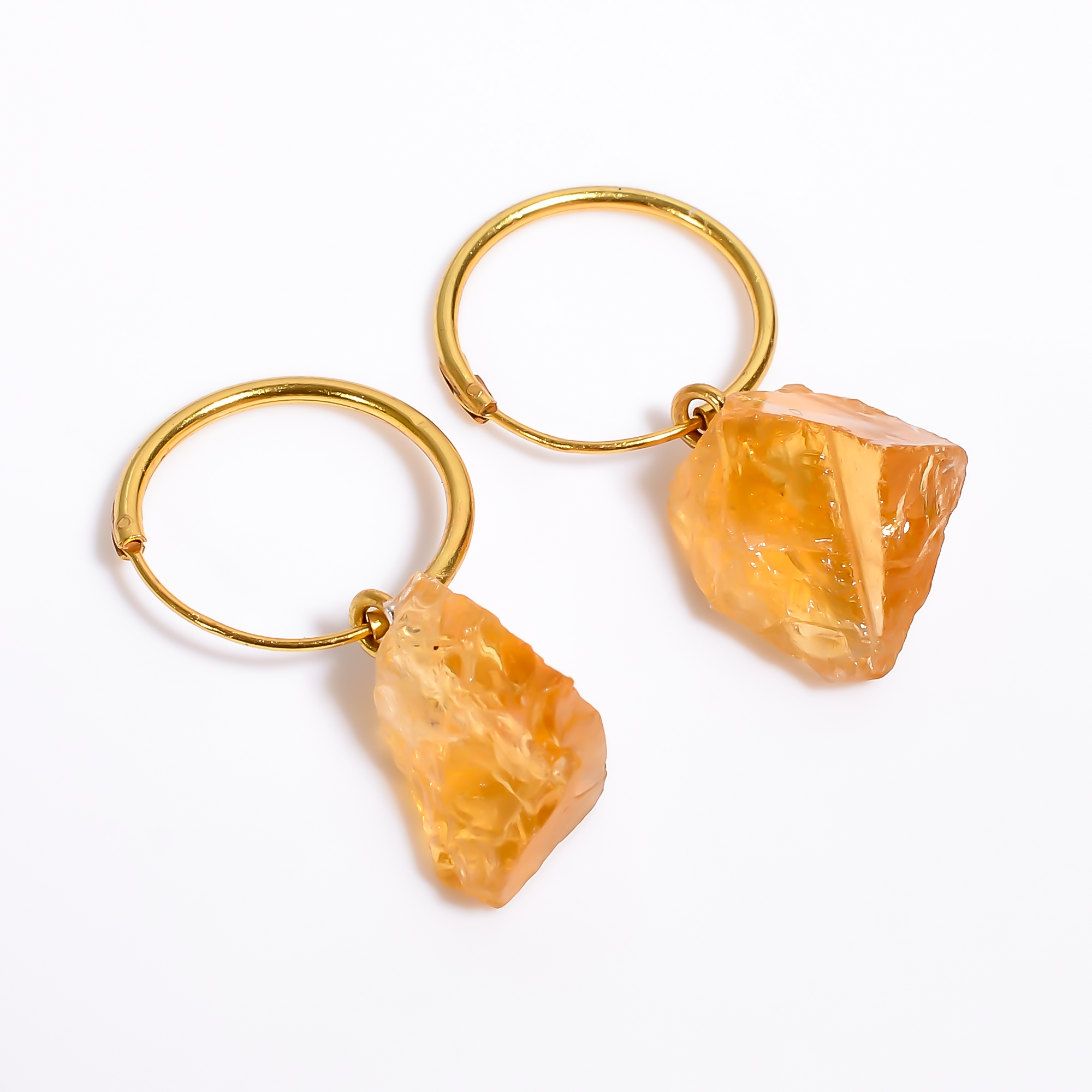 Natural Raw Citrtine Gemstone 925 Sterling Silver Gold Plated Hoop Earrings