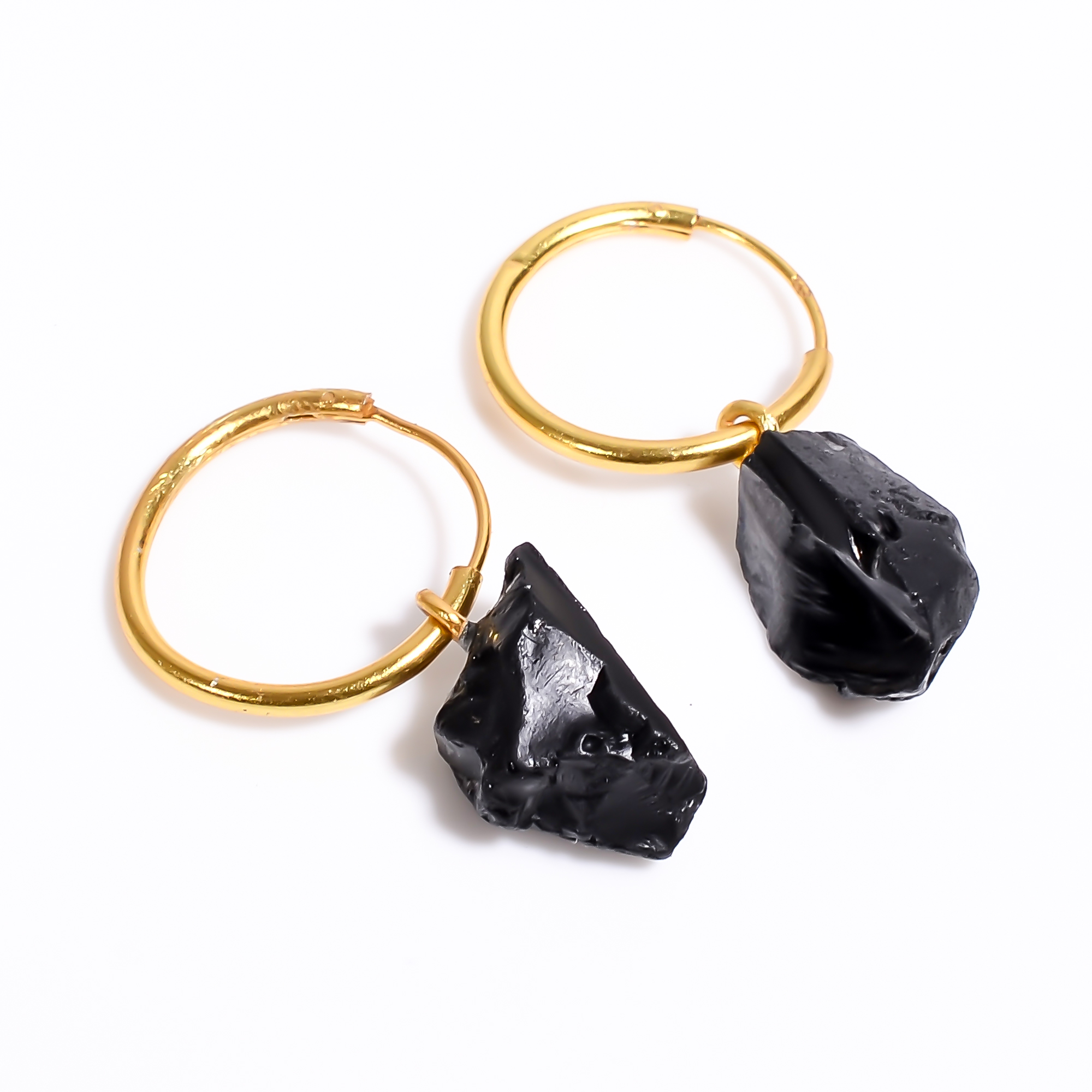 Natural Raw Black Onyx Gemstone 925 Sterling Silver Gold Plated Hoop Earrings