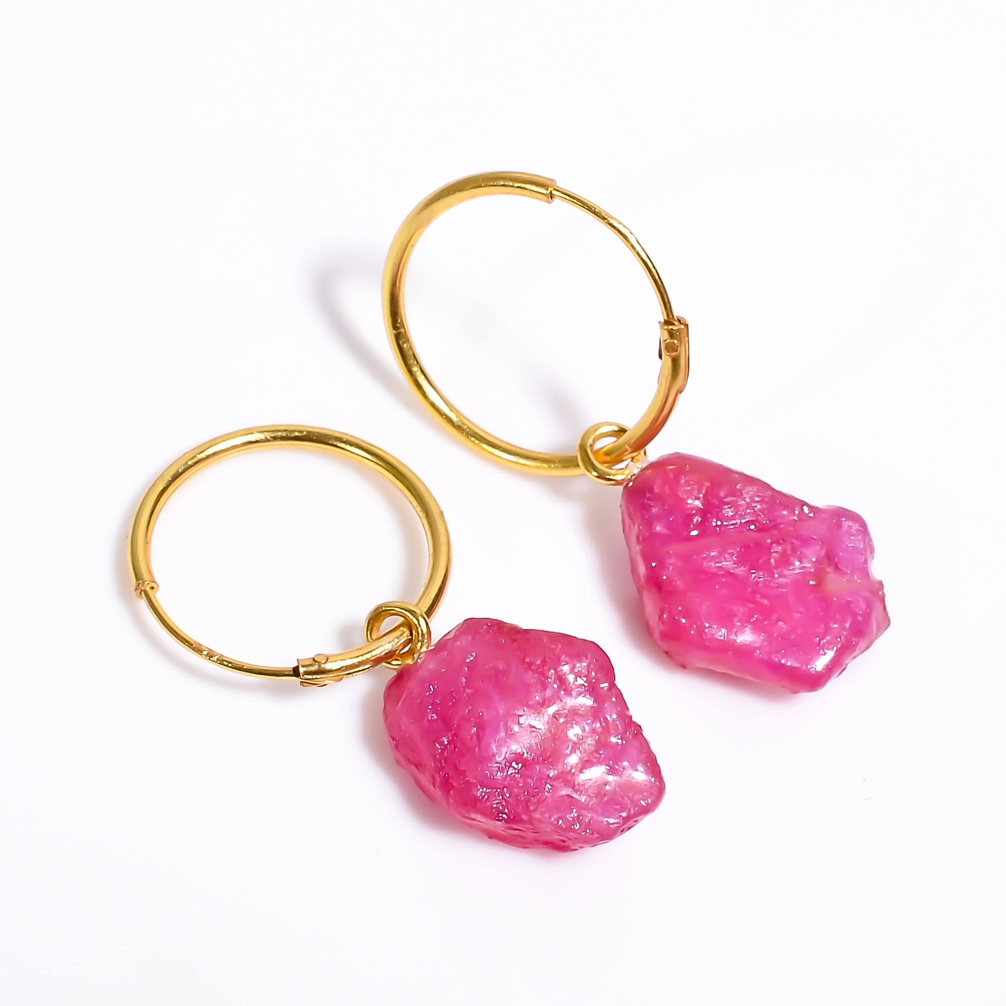 Ruby Raw Gemstone 925 Sterling Silver Gold Plated Hoop Earrings