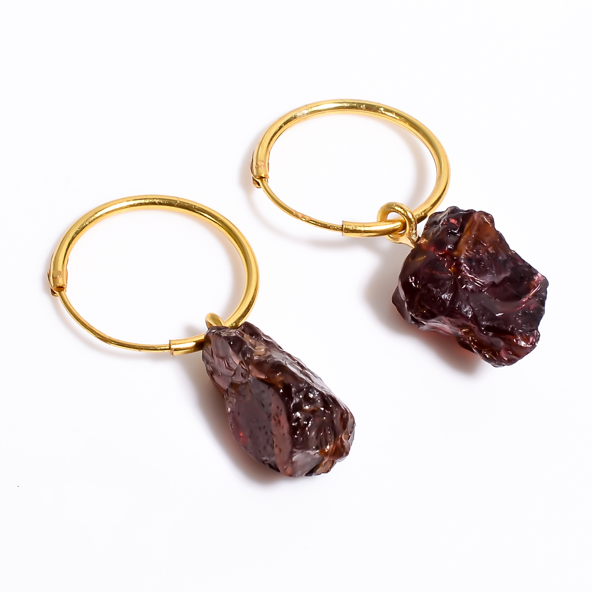 Natural Raw Garnet Gemstone 925 Sterling Silver Gold Plated Hoop Earrings