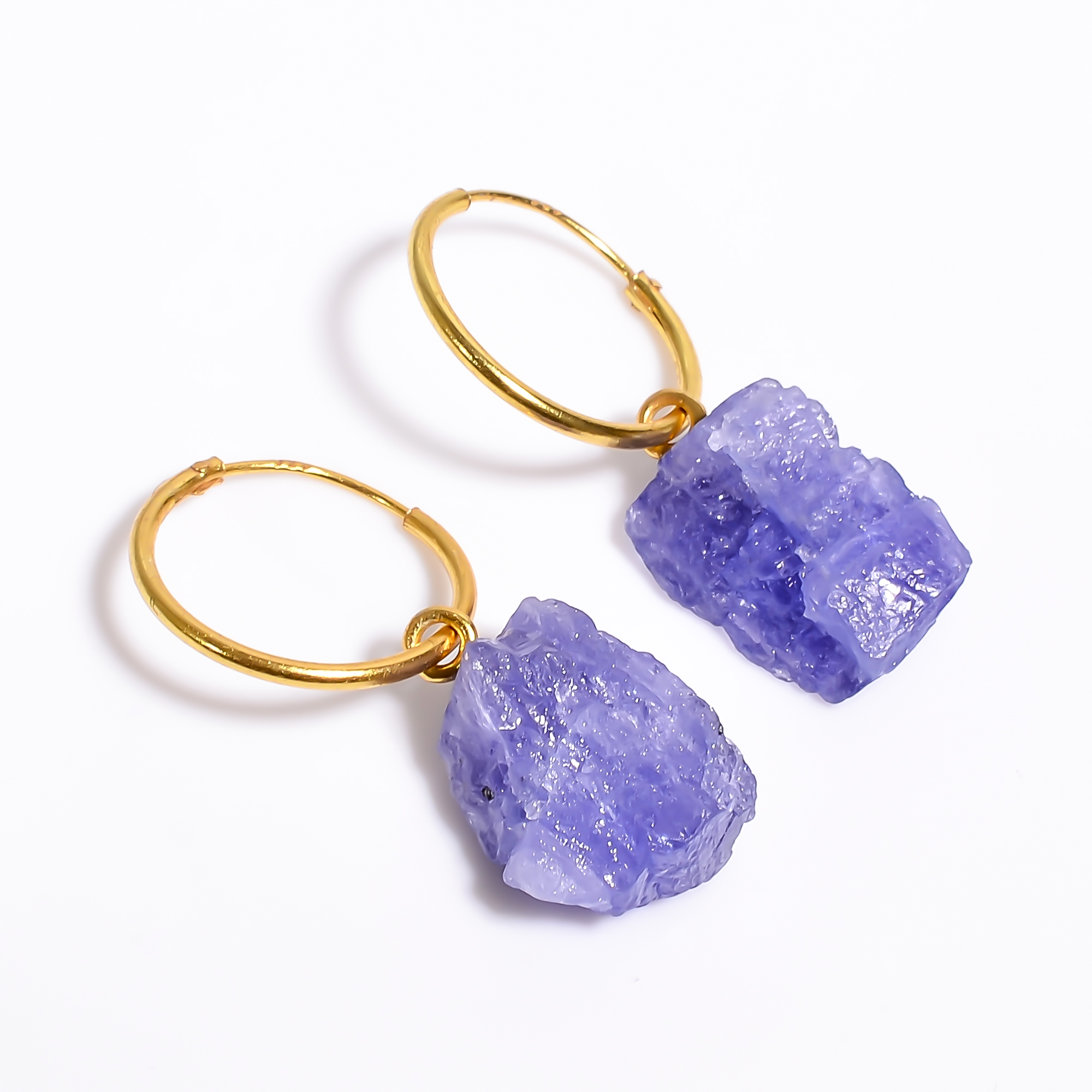 Natural Raw Tanzanite Gemstone 925 Sterling Silver Gold Plated Hoop Earrings