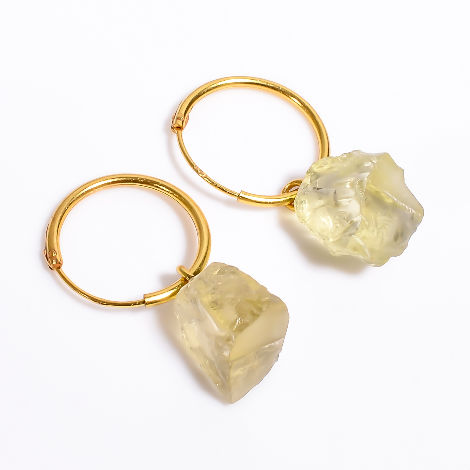Natural Raw Lemon Quartz Gemstone 925 Sterling Silver Gold Plated Hoop Earrings
