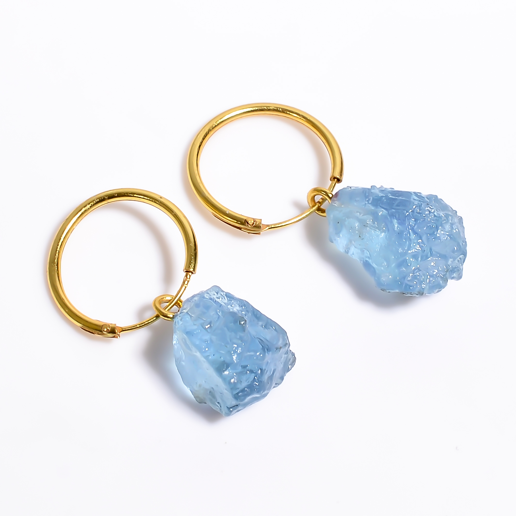 Natural Raw Aquamarine Gemstone 925 Sterling Silver Gold Plated Hoop Earrings