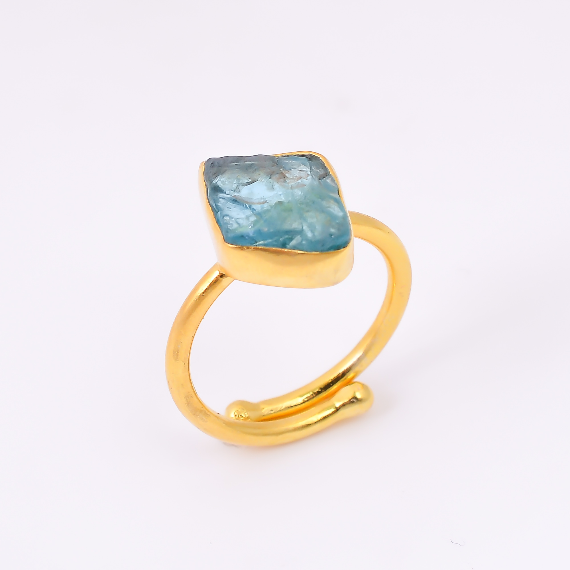 Sky Apatite Raw Gemstone 925 Sterling Silver Gold Plated Adjustable Ring