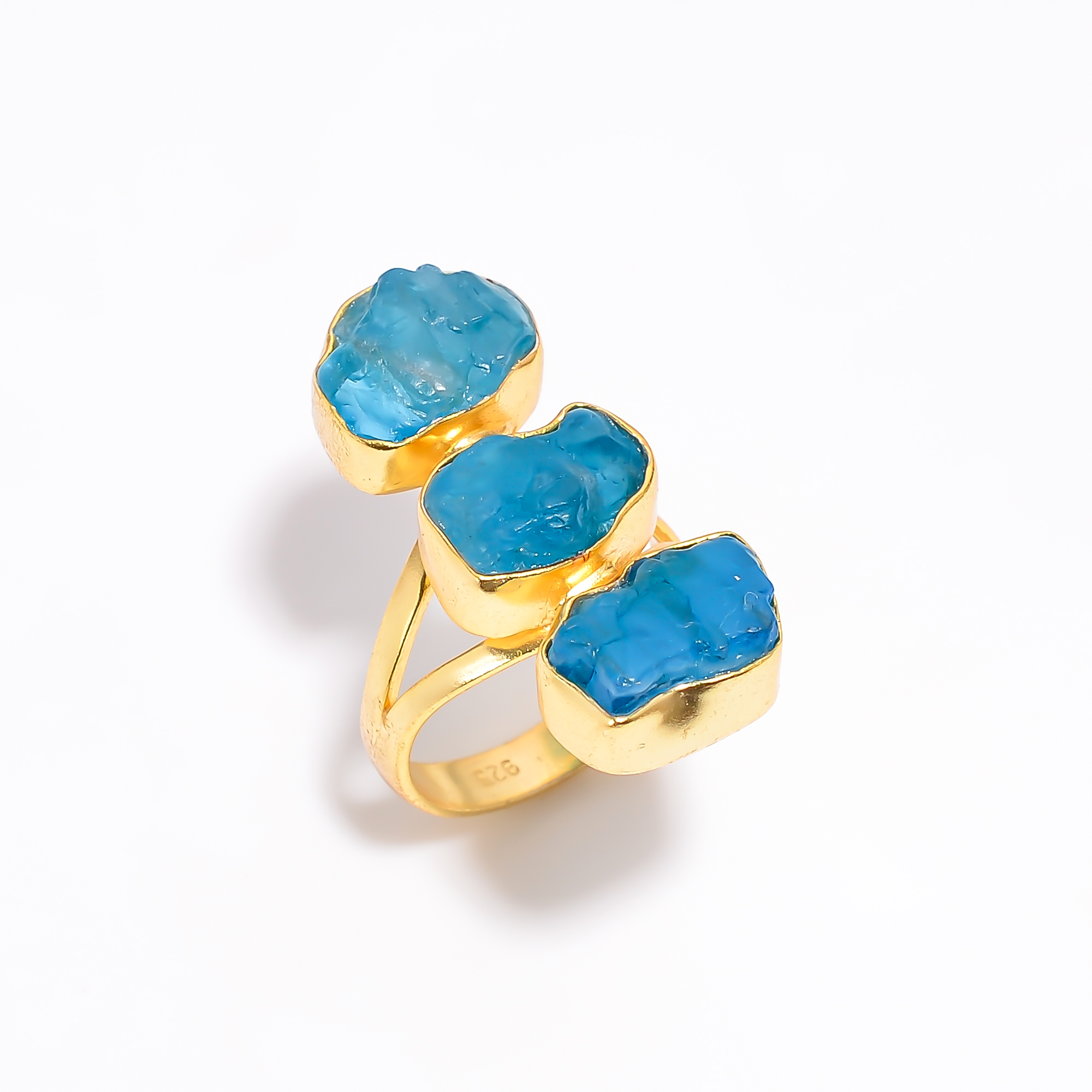 Neon Apatite Raw Gemstone 925 Sterling Silver Gold Plated Ring