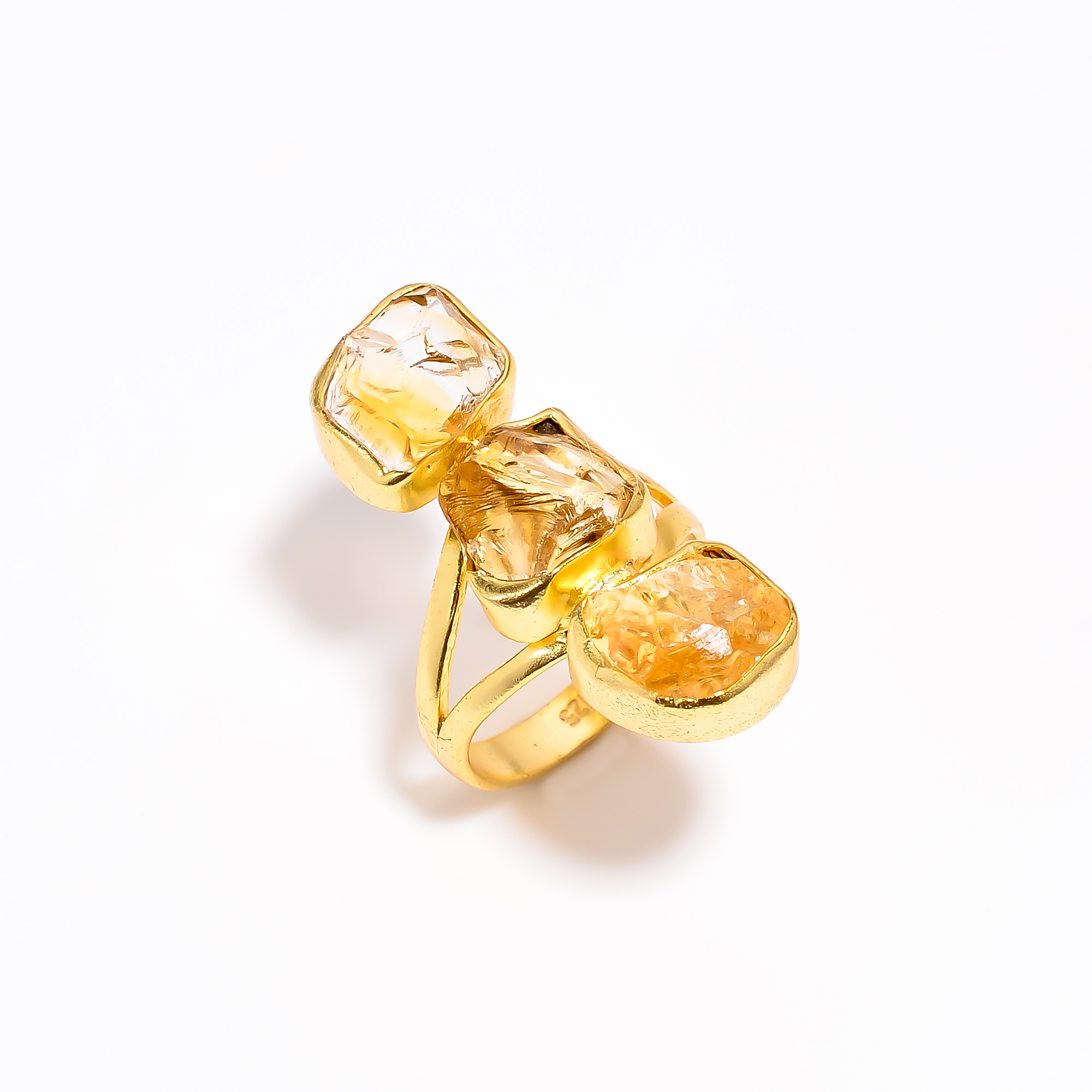 Natural Citrine Raw Gemstone 925 Sterling Silver Gold Plated Ring