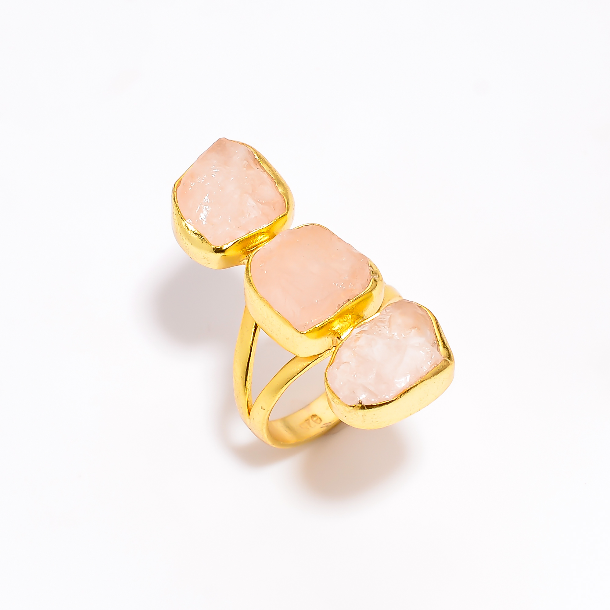 Rose Quartz Raw Gemstone 925 Sterling Silver Gold Plated Ring Size US 6