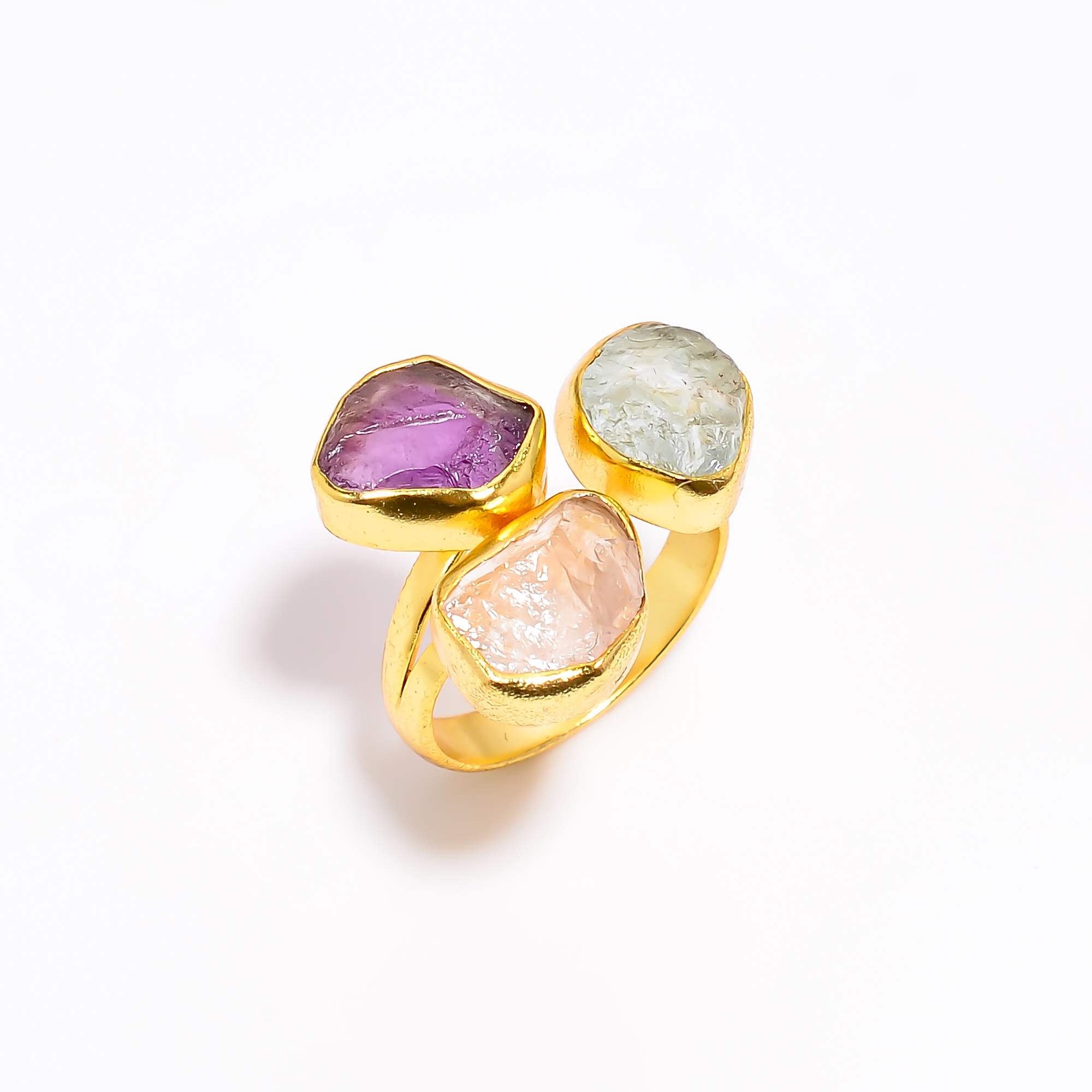 Natural Rose Quartz Amethyst Aquamarine Gemstone 925 Sterling Silver Gold Plated Adjustable Ring