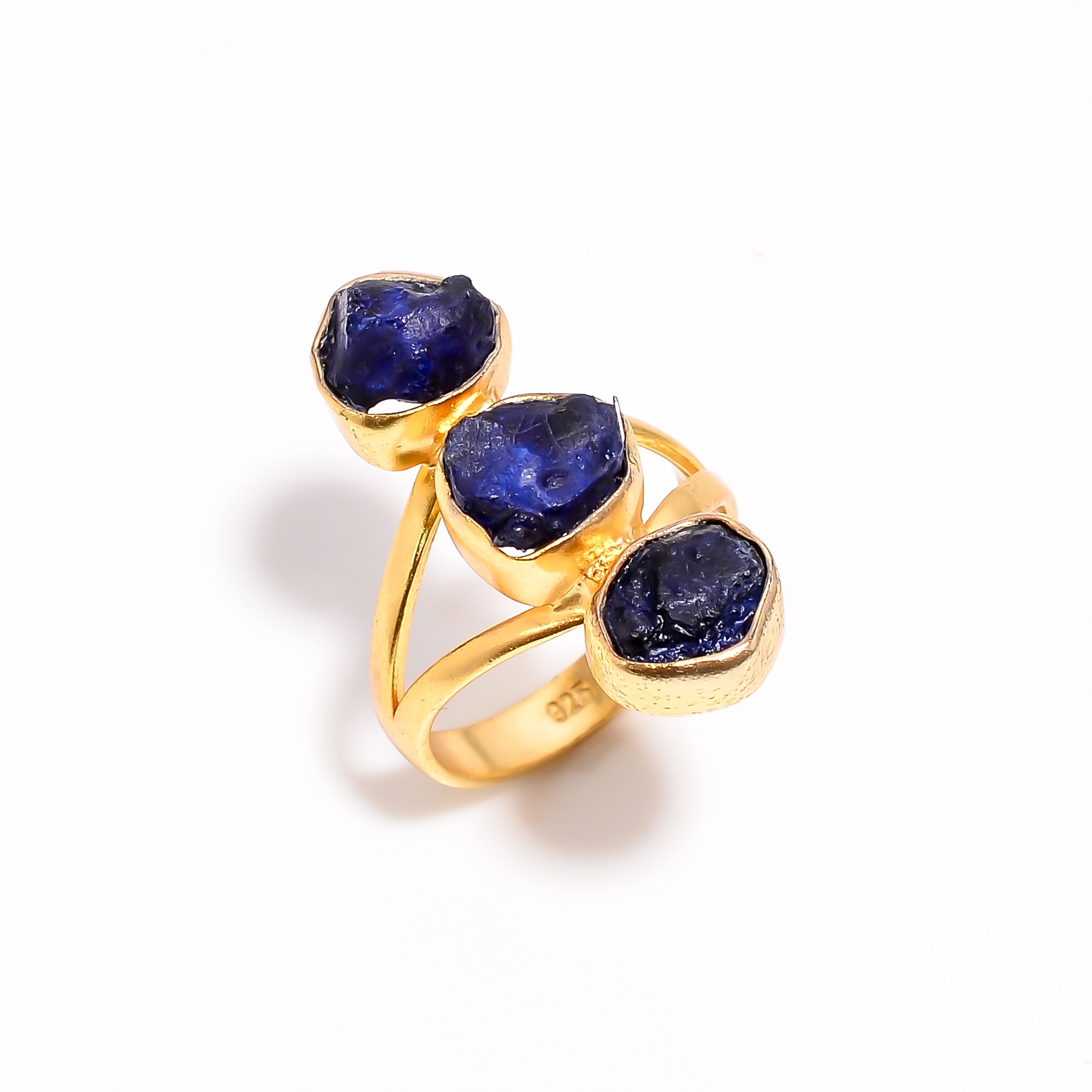 Sapphire Raw Gemstone 925 Sterling Silver Gold Plated Adjustable Ring Size US 55