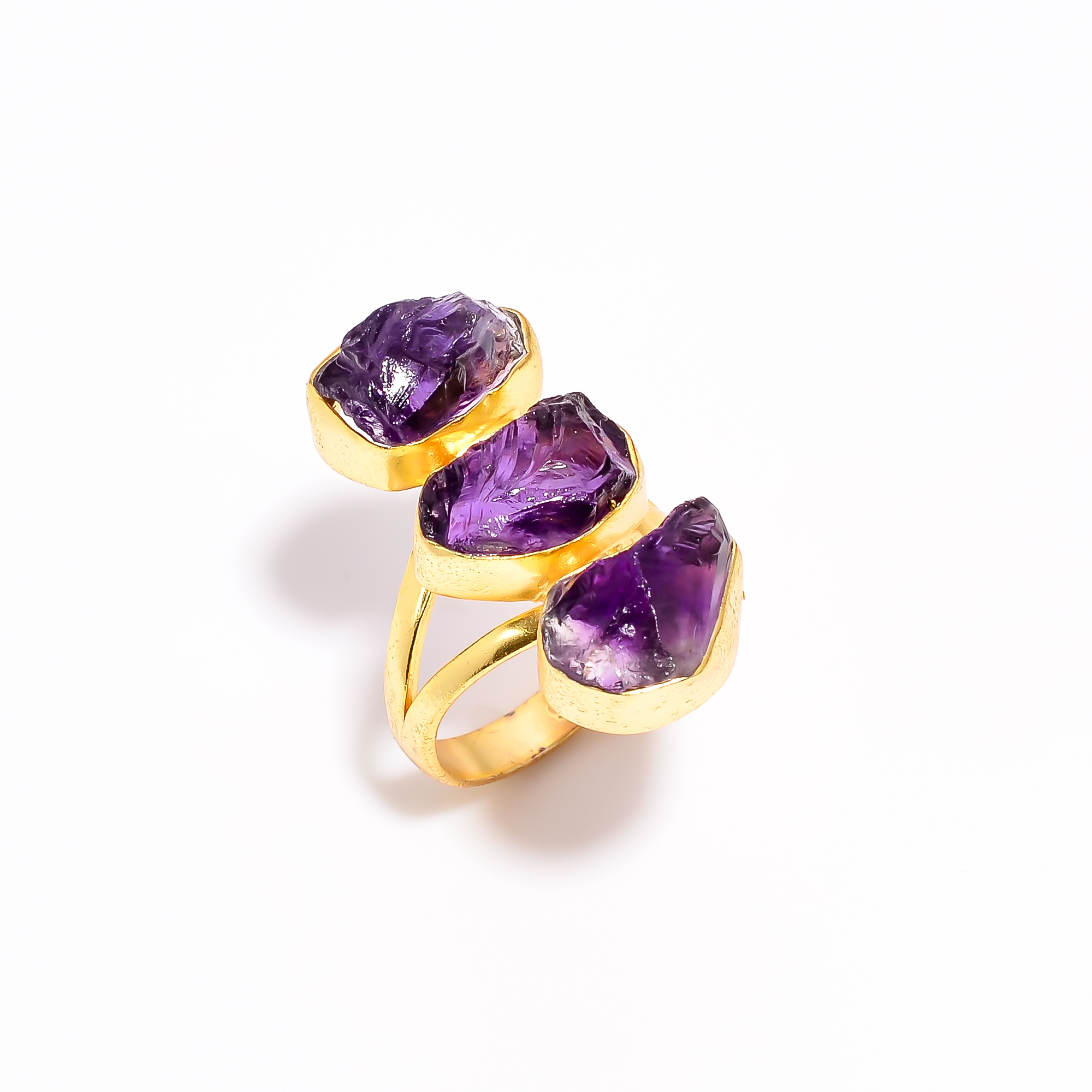 Natural Amethyst Raw Gemstone 925 Sterling Silver Gold Plated Adjustable Ring
