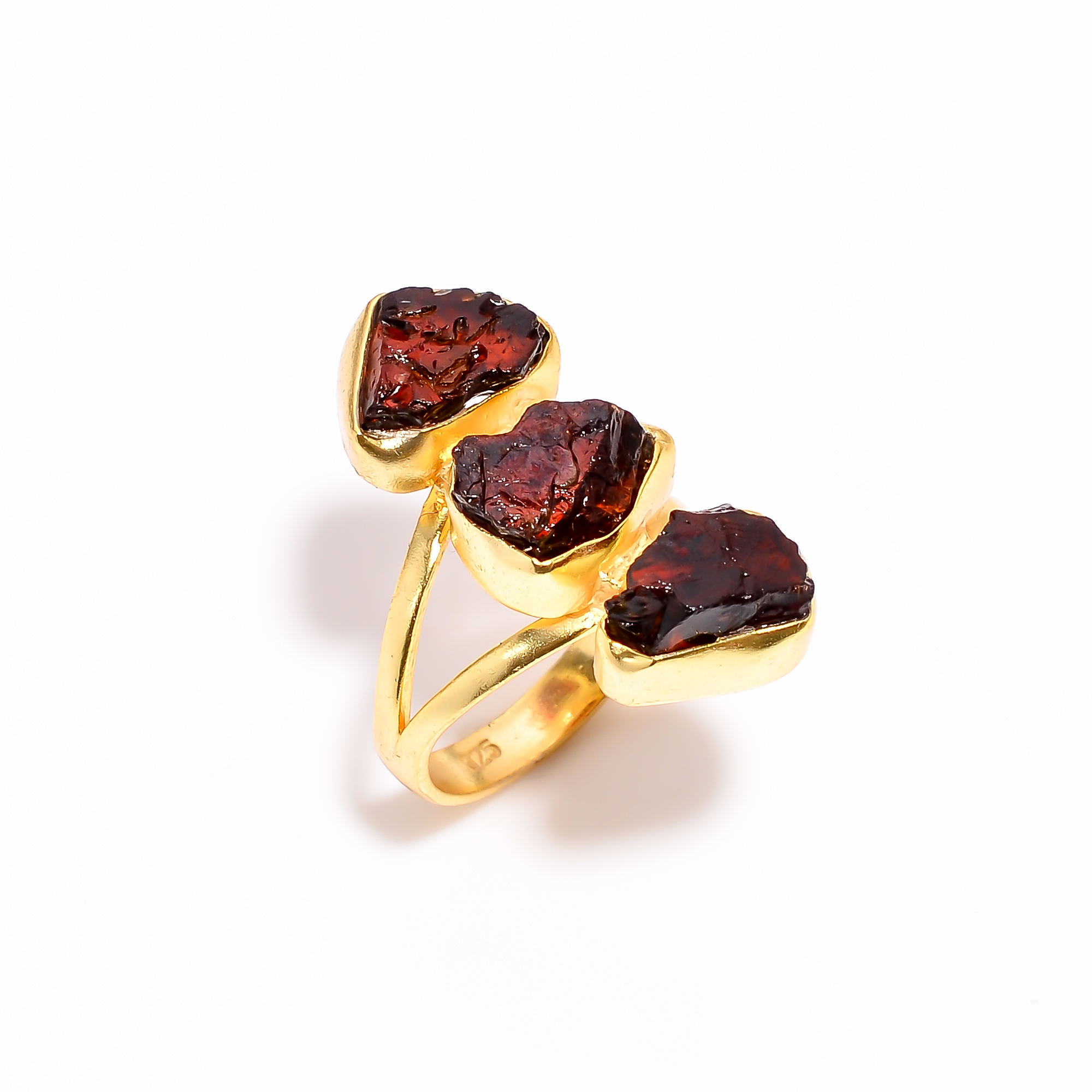 Natural Garnet Raw Gemstone 925 Sterling Silver Gold Plated Adjustable Ring