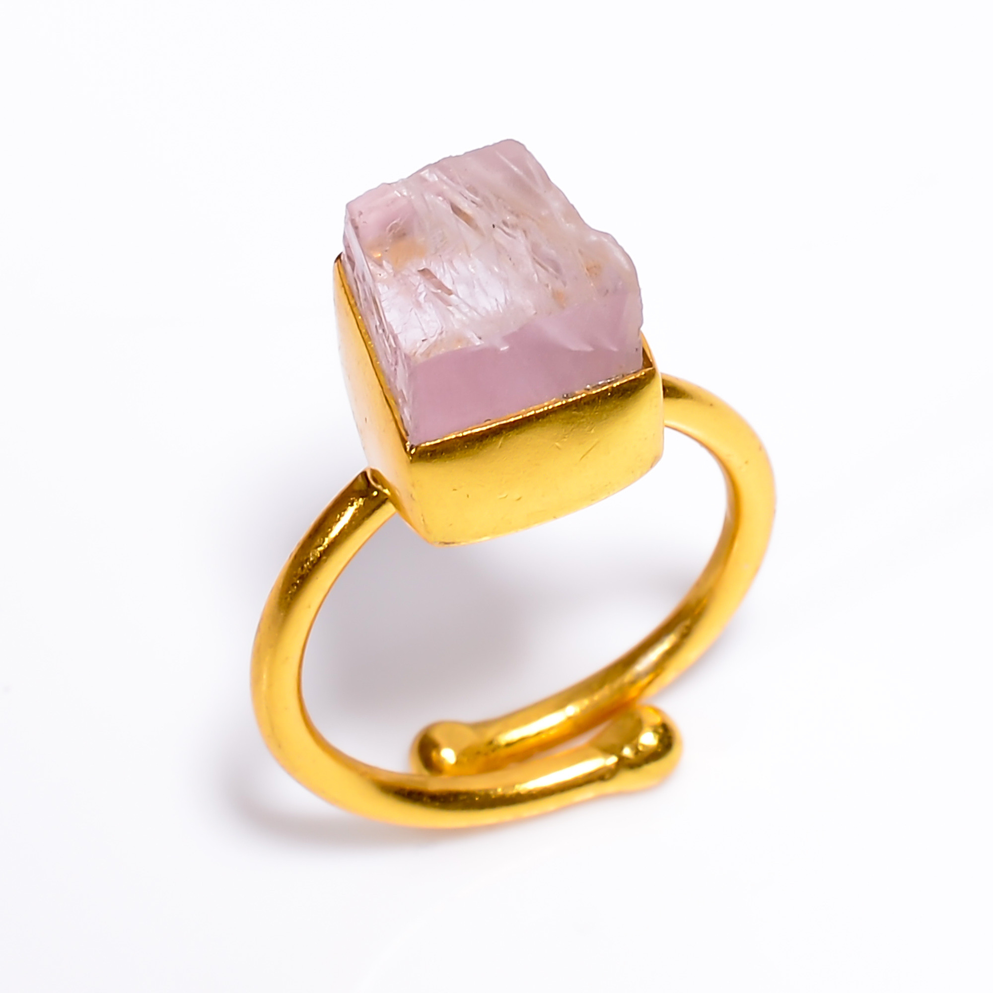 Kunzite Raw Gemstone 925 Sterling Silver Gold Plated Ring Adjustable