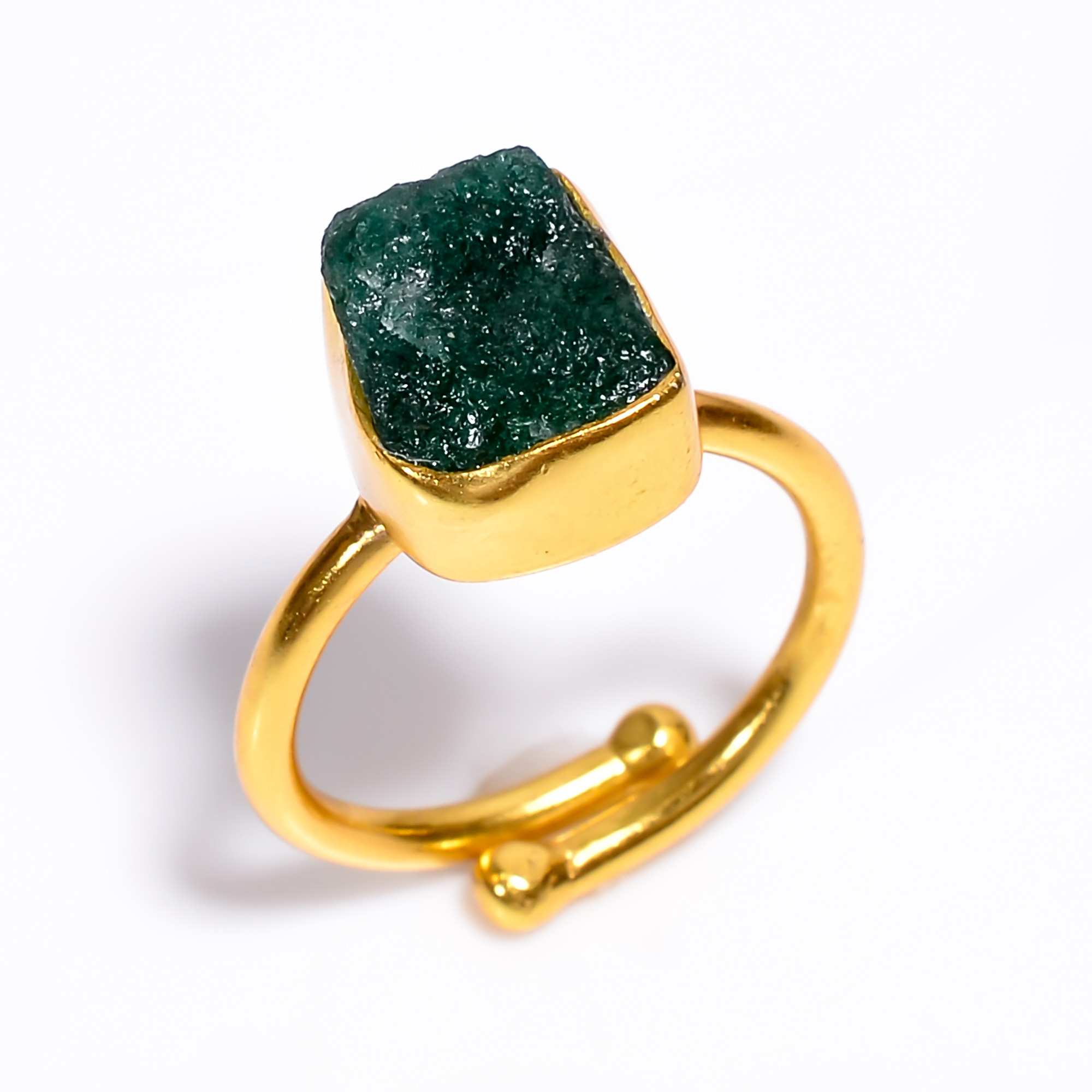 Green Aventurine Raw Gemstone 925 Sterling Silver Gold Plated Ring Adjustable