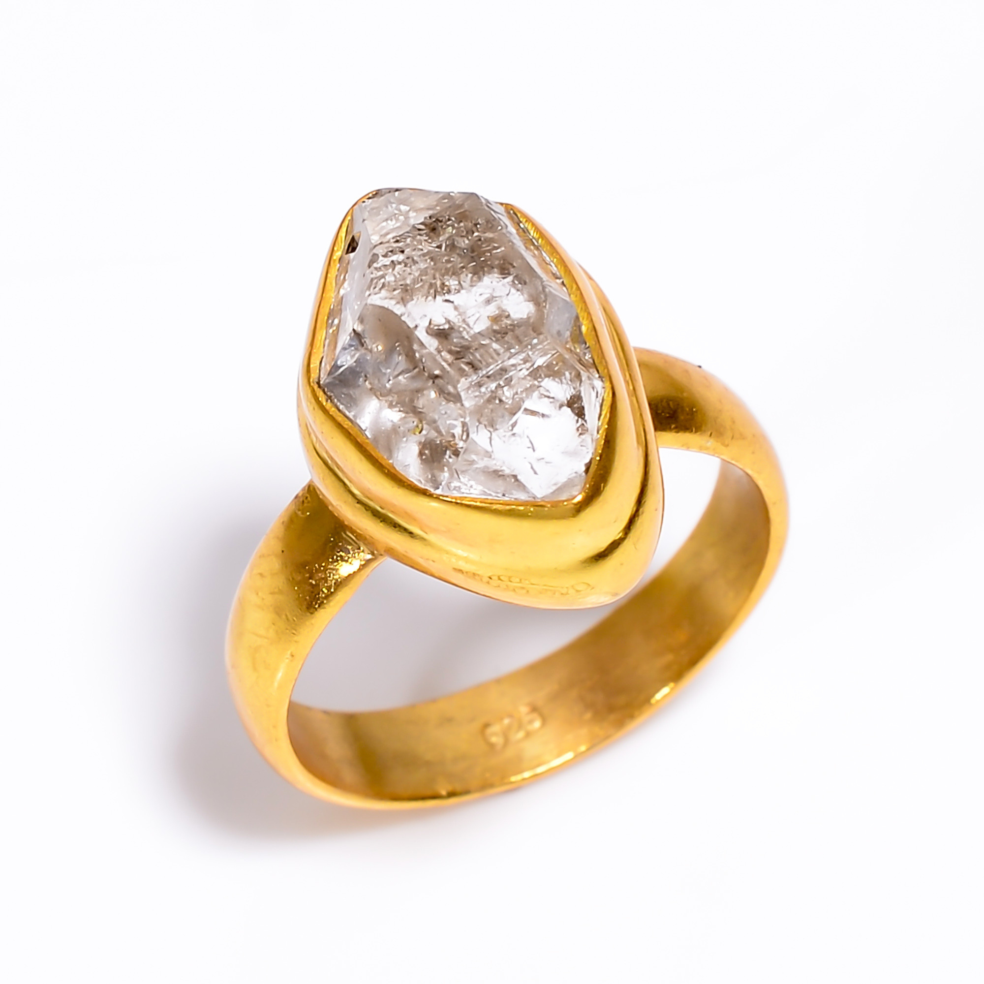 Natural Herkimer Diamond 925 Sterling Silver Gold Plated Ring