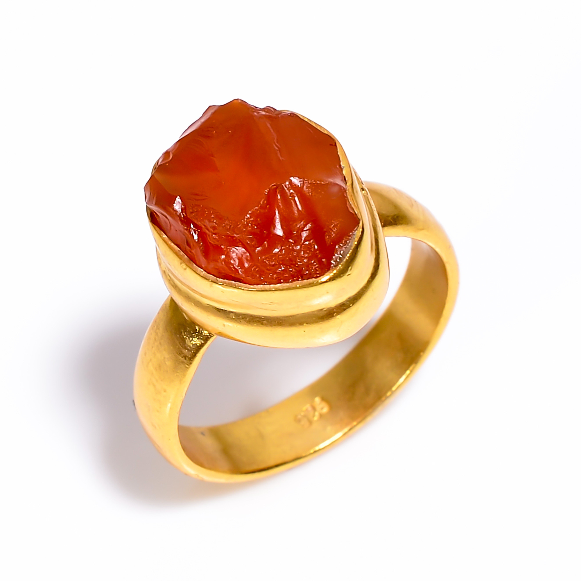 Carnelian Raw Gemstone 925 Sterling Silver Gold Plated Ring Size US 6
